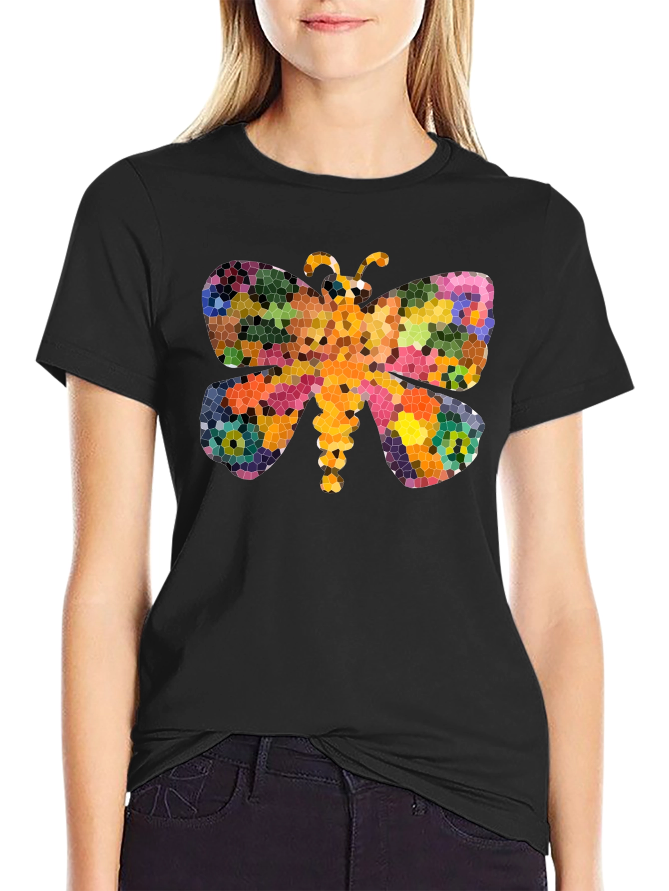Black Butterfly Mosaic T-Shirt - Colorful Graphic Tee view 2