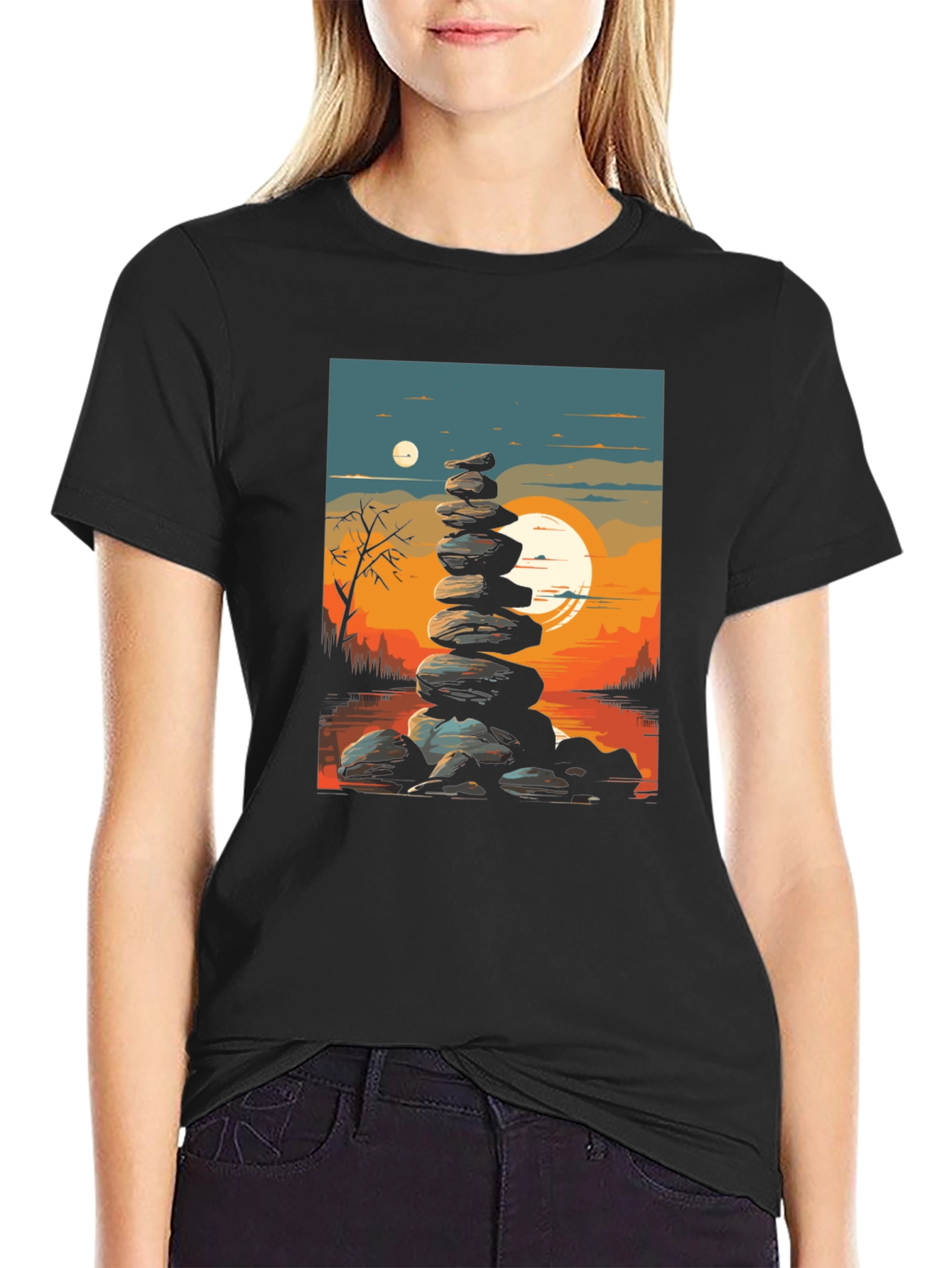 Black Zen Rock Stack T-Shirt - Sunset Landscape view 2