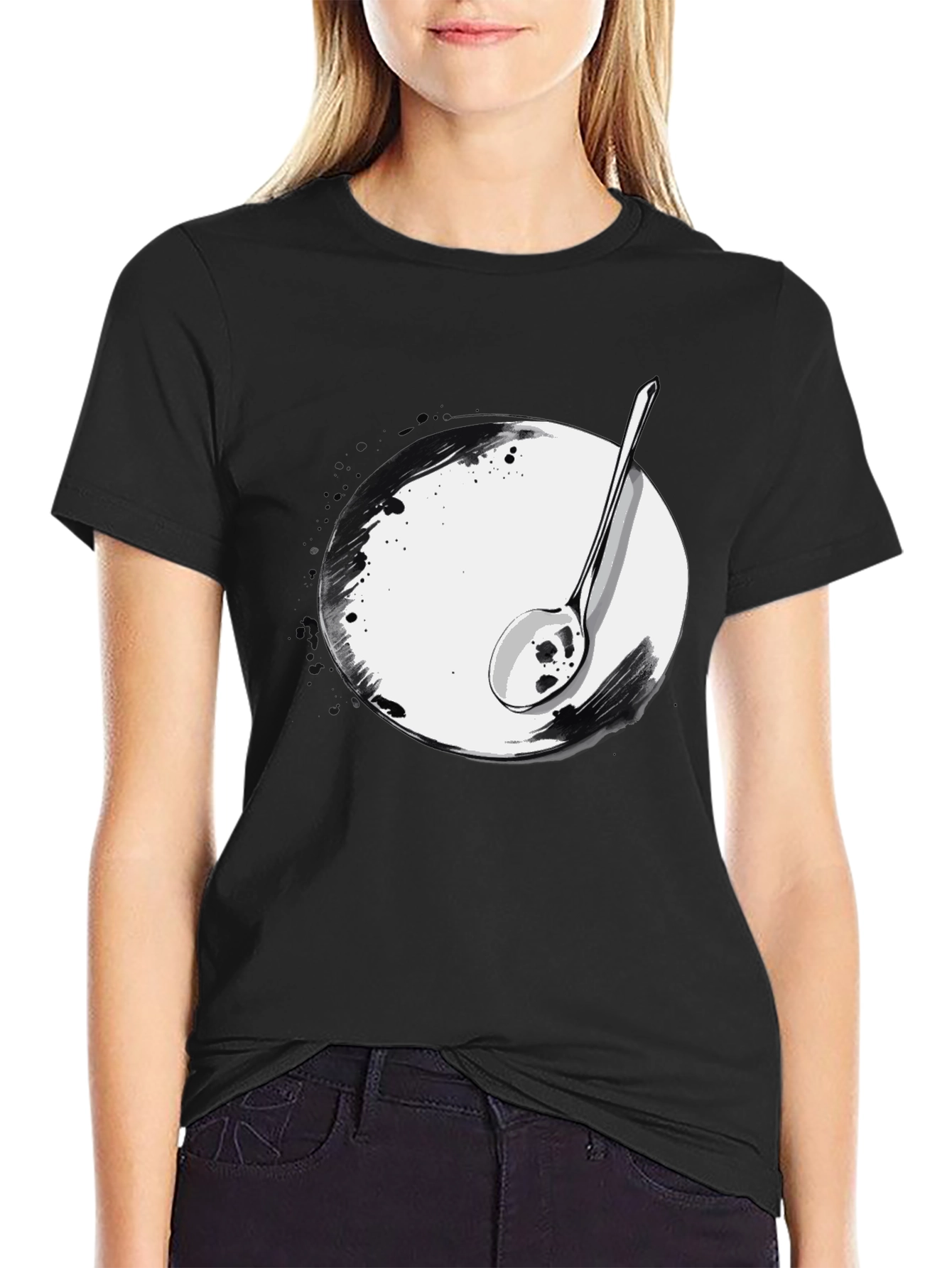 Black Spoon & Plate Graphic Tee - Modern Art Shirt view 2