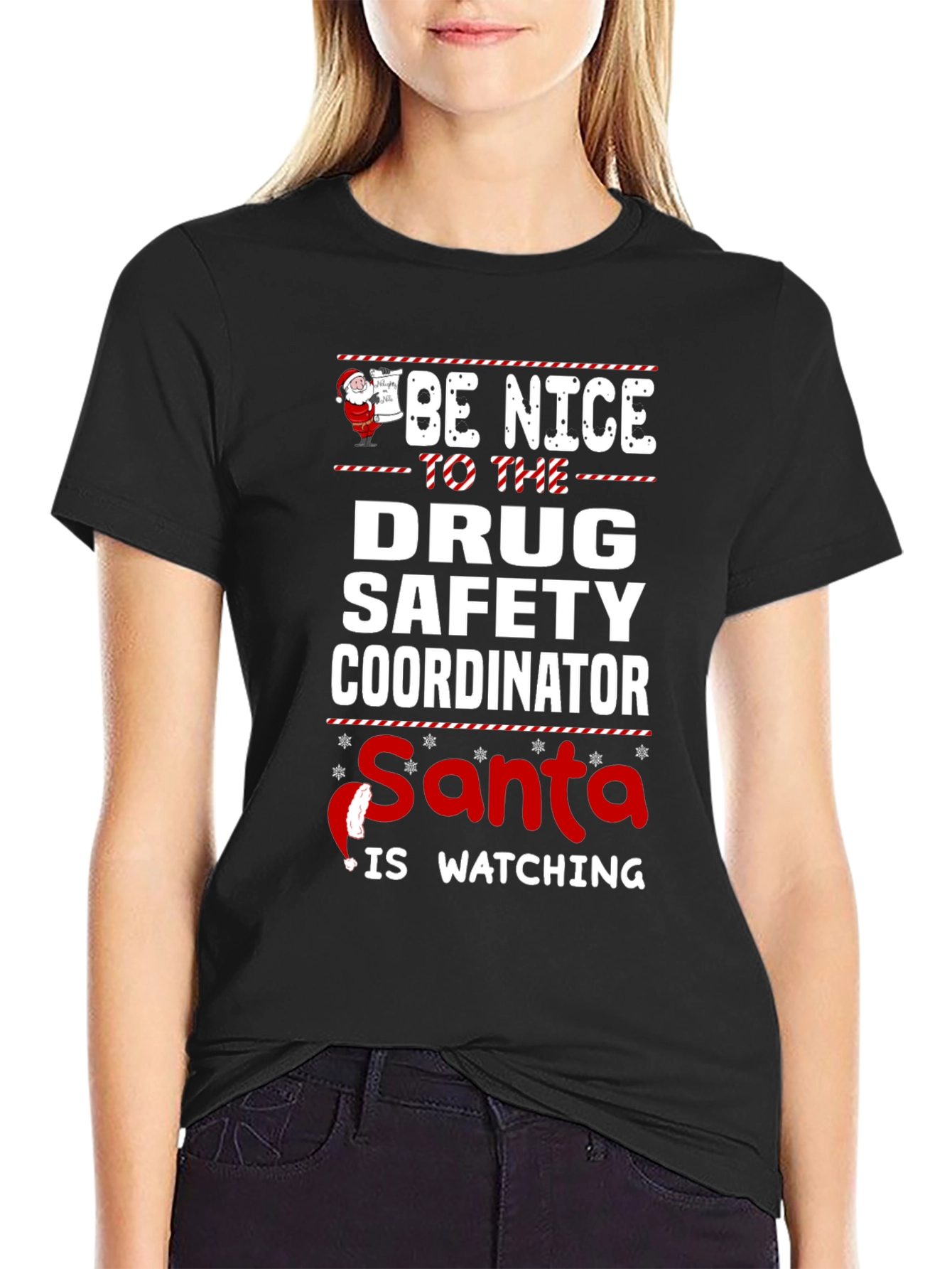 Black Drug Safety Coordinator Santa Watching T-Shirt view 2