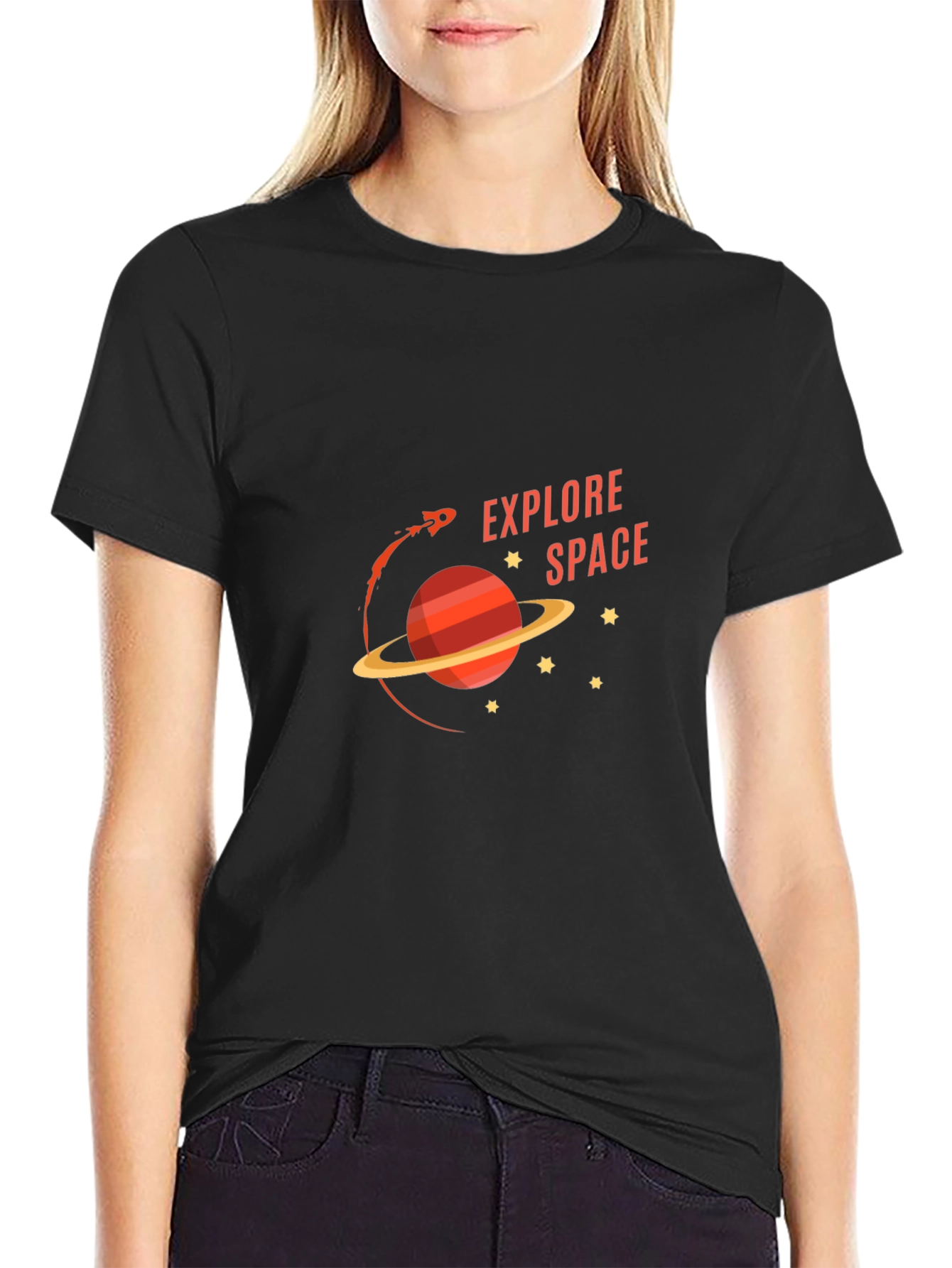 Black Explore Space Graphic Tee - Black Cotton T-Shirt view 2