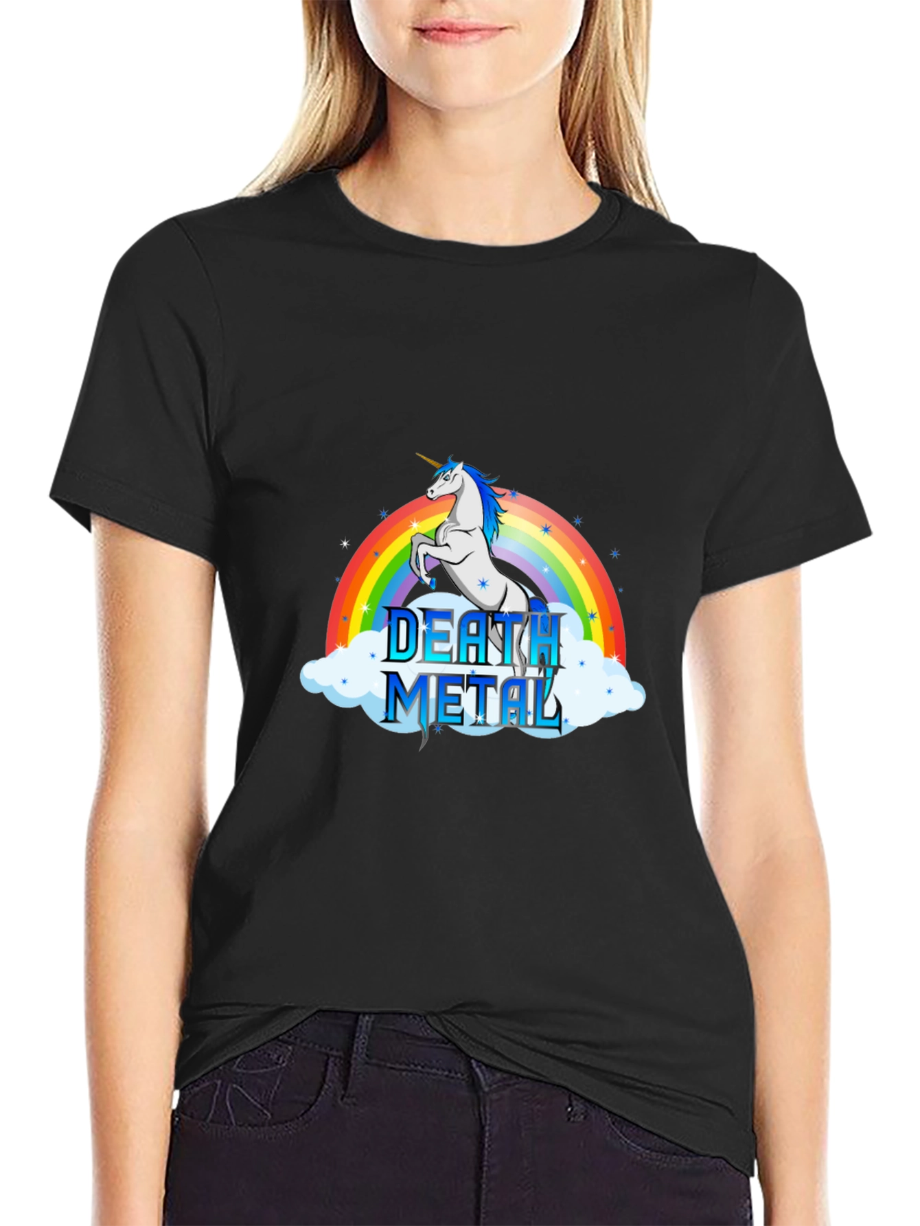 Black Death Metal Unicorn T-Shirt - Rainbow Design view 2