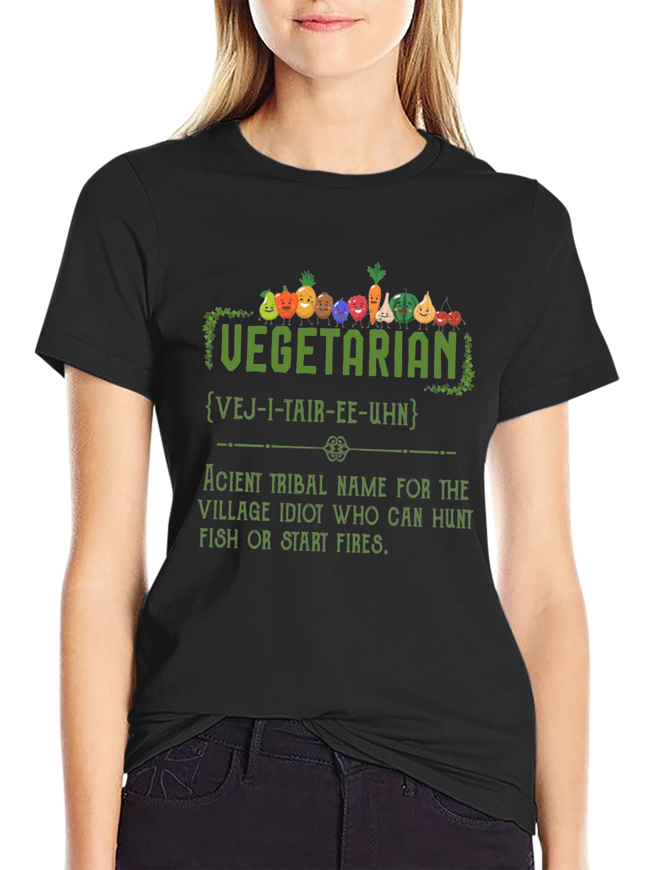 Black Vegetarian Village Idiot Funny Graphic T-Shirt view 2