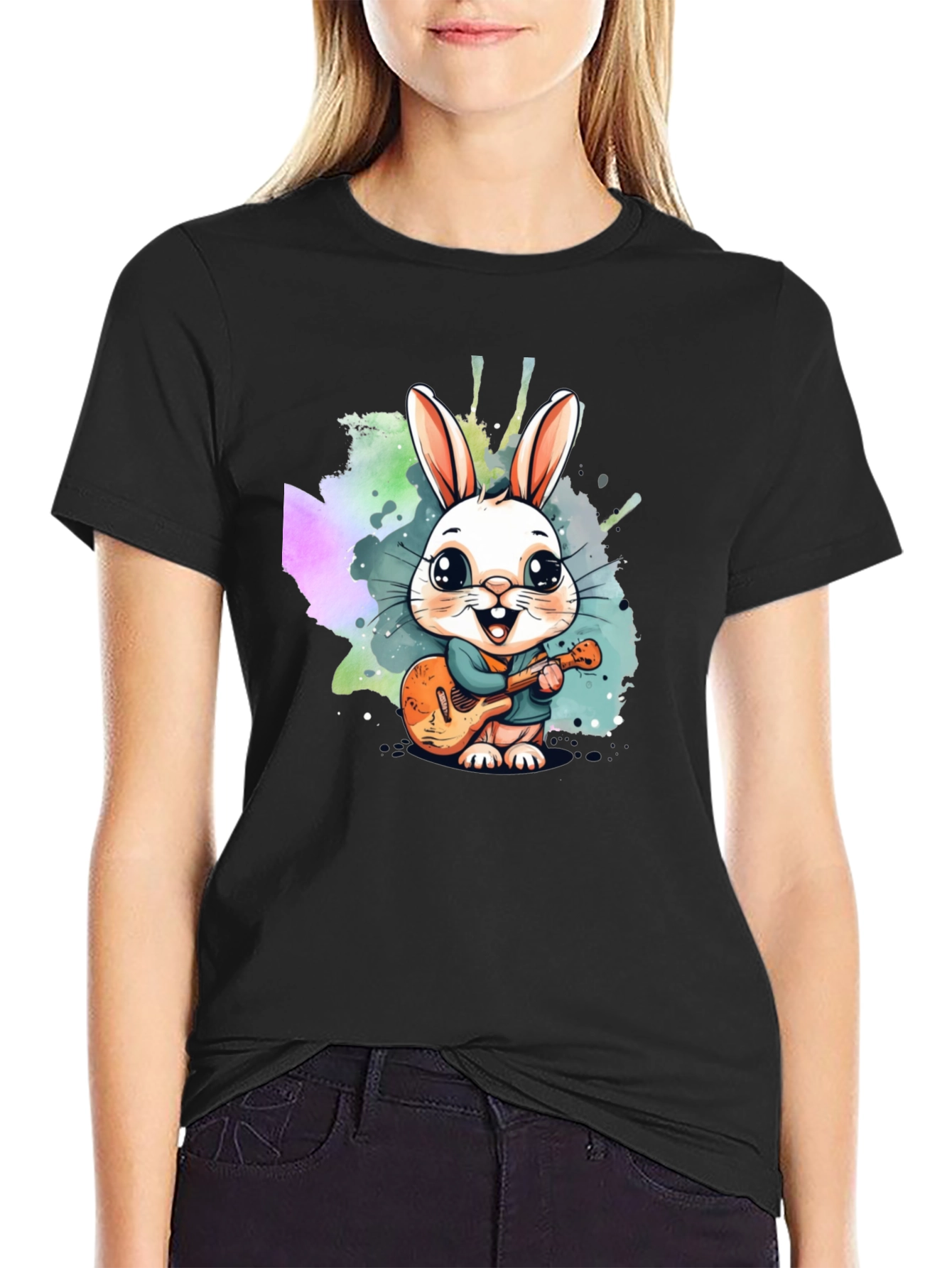 Black Cute Bunny Guitarist Black T-Shirt view 2