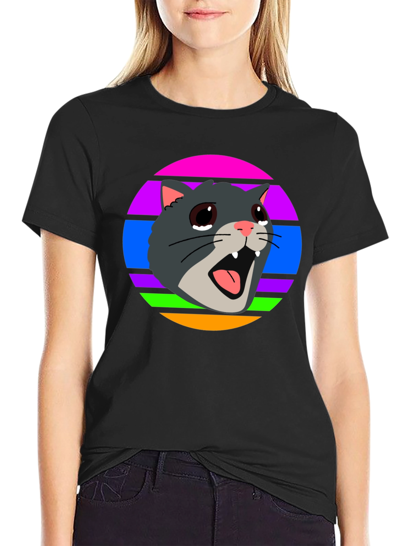 Black Crying Cat Retro T-Shirt, Funny Graphic Tee view 2