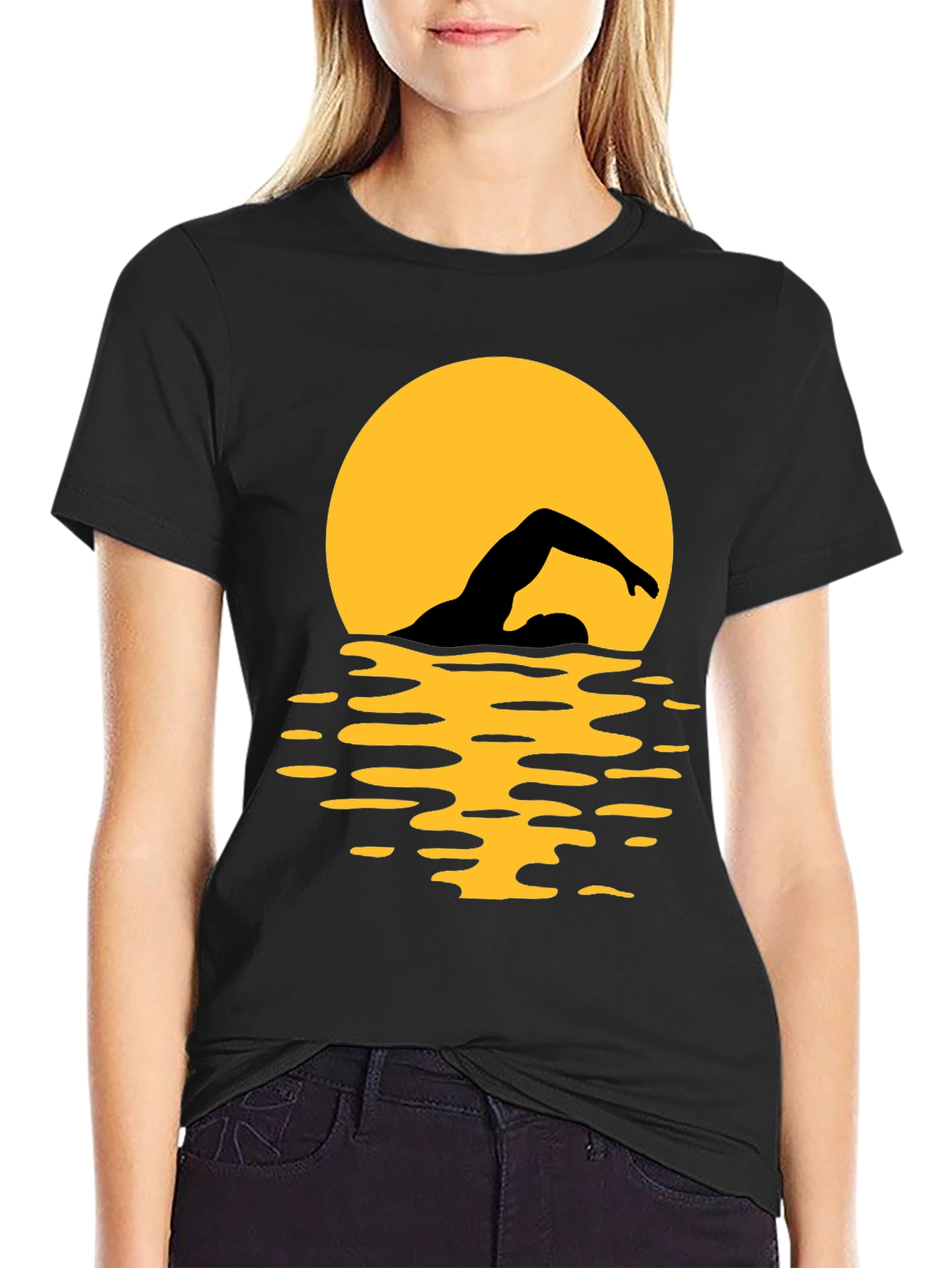 Black Swimmer Silhouette T-Shirt - Black Graphic Tee view 2