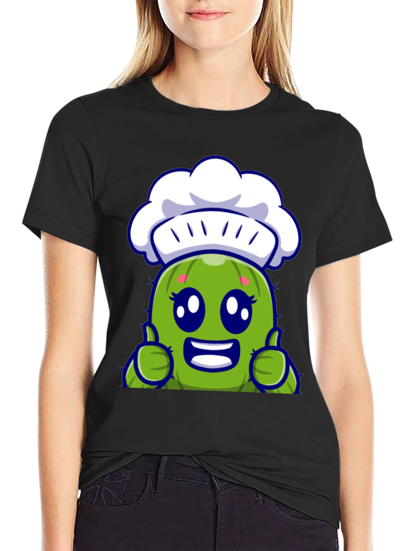 Black Cute Chef Cactus Cartoon Graphic Tee view 2