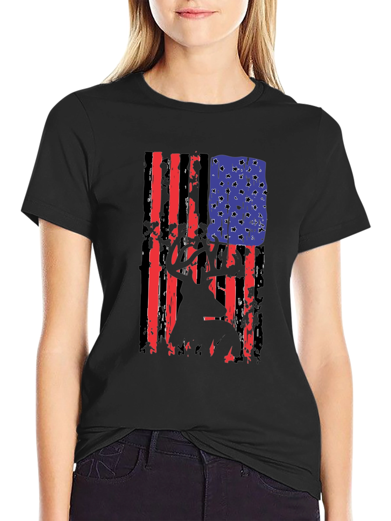 Black Distressed American Flag Deer Hunter T-Shirt view 2