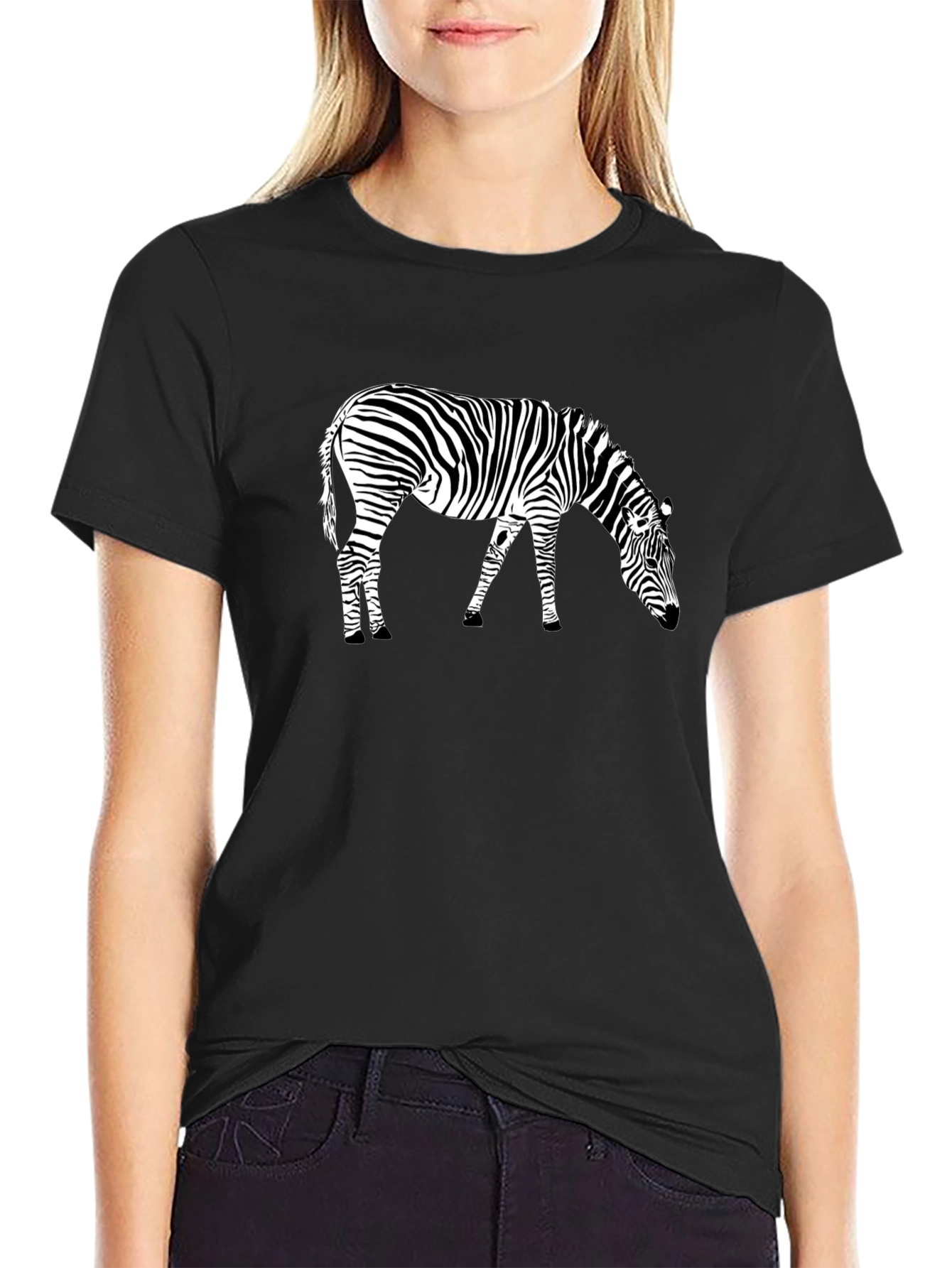 Black Zebra Print Black T-Shirt, Animal Graphic Tee view 2