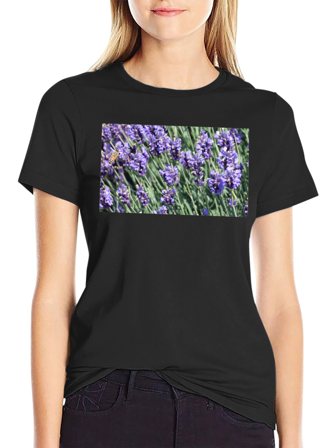Black Floral Print T-Shirt: Bee on Lavender view 2