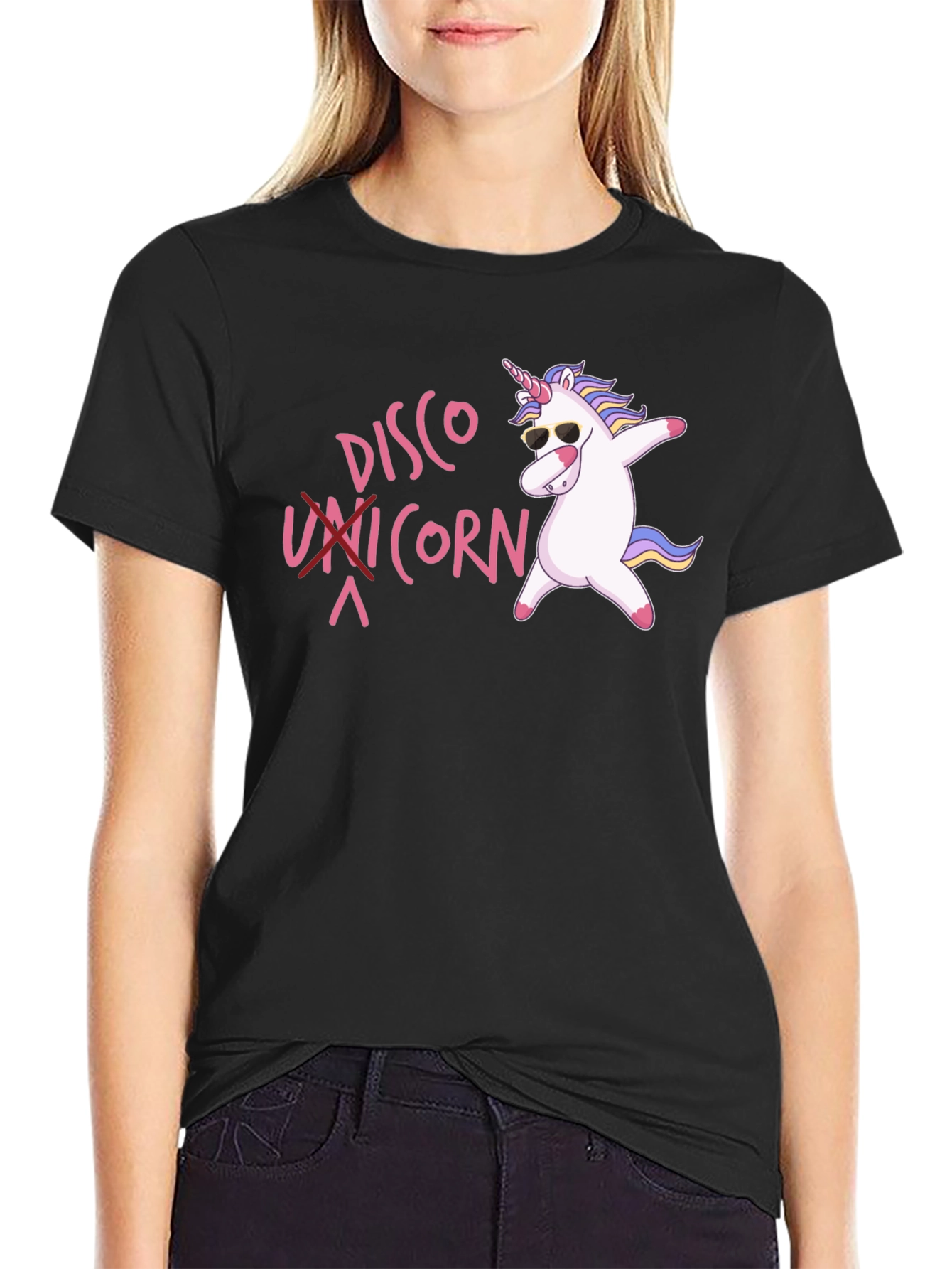 Black Disco Unicorn Graphic Black T-Shirt view 2