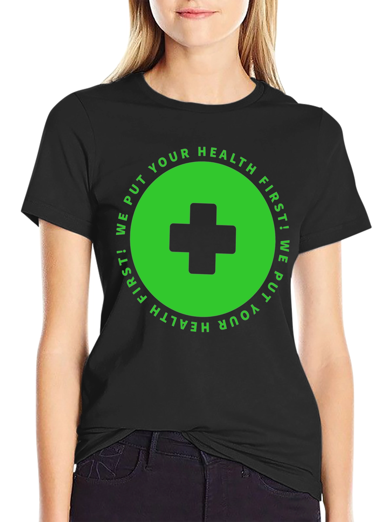 Black Health First T-Shirt: Black with Medical Cross Design view 2