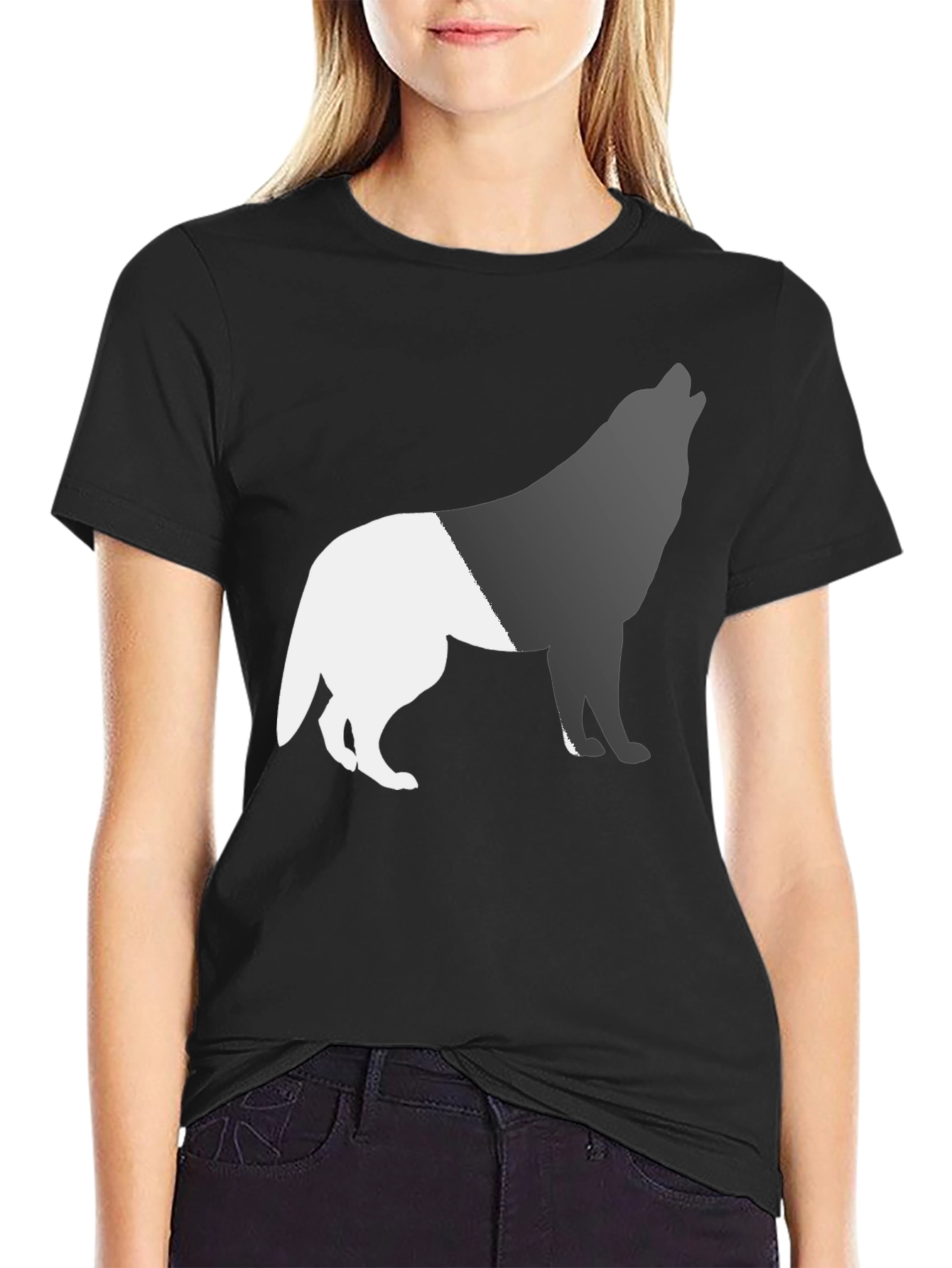 Black Two-Tone Wolf Graphic Tee - Black Cotton Blend view 2