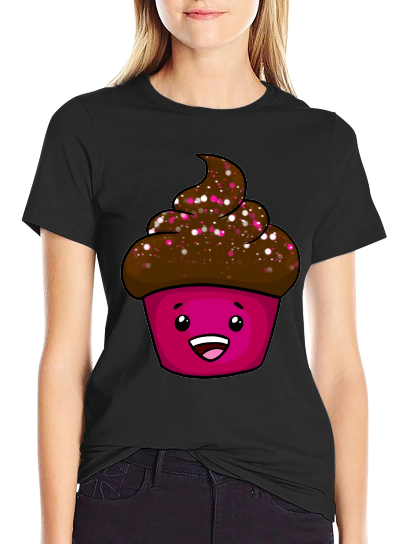Black Cute Cupcake Graphic T-Shirt - Unisex Black Tee view 2