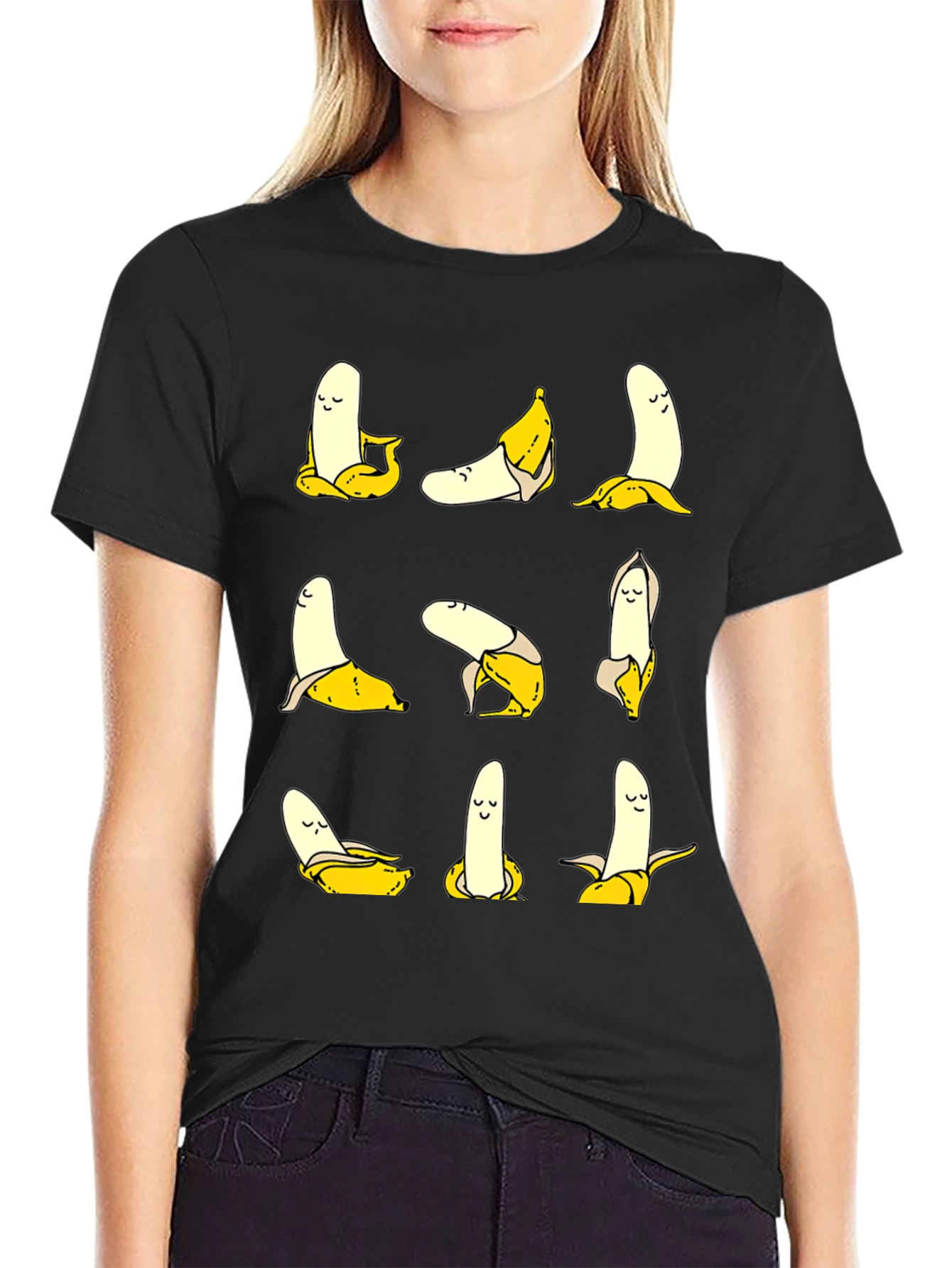Black Funny Banana Yoga Pose Graphic Print T-Shirt view 2
