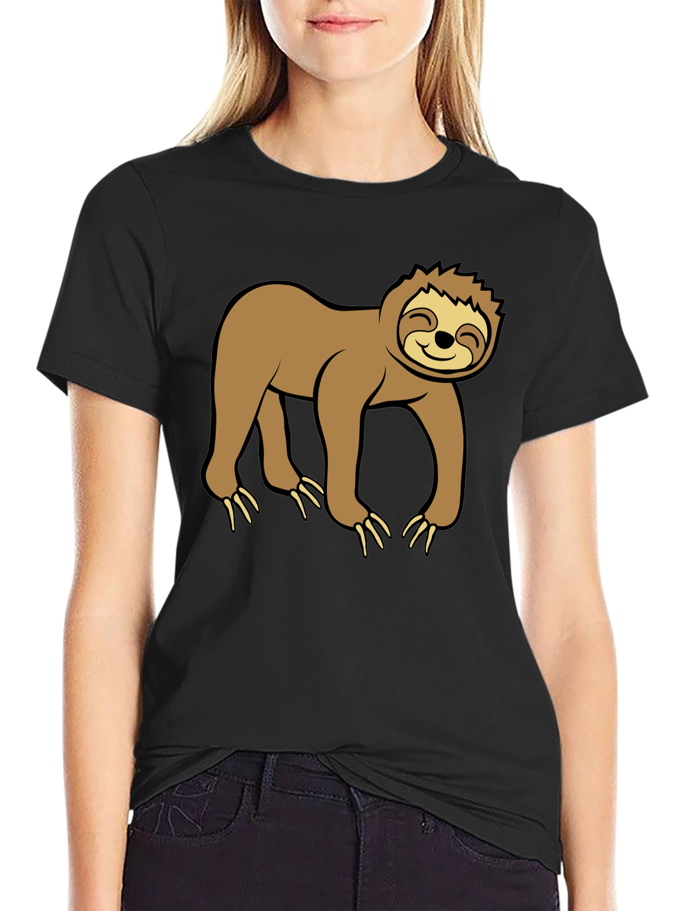 Black Cute Sloth Graphic Black T-Shirt view 2