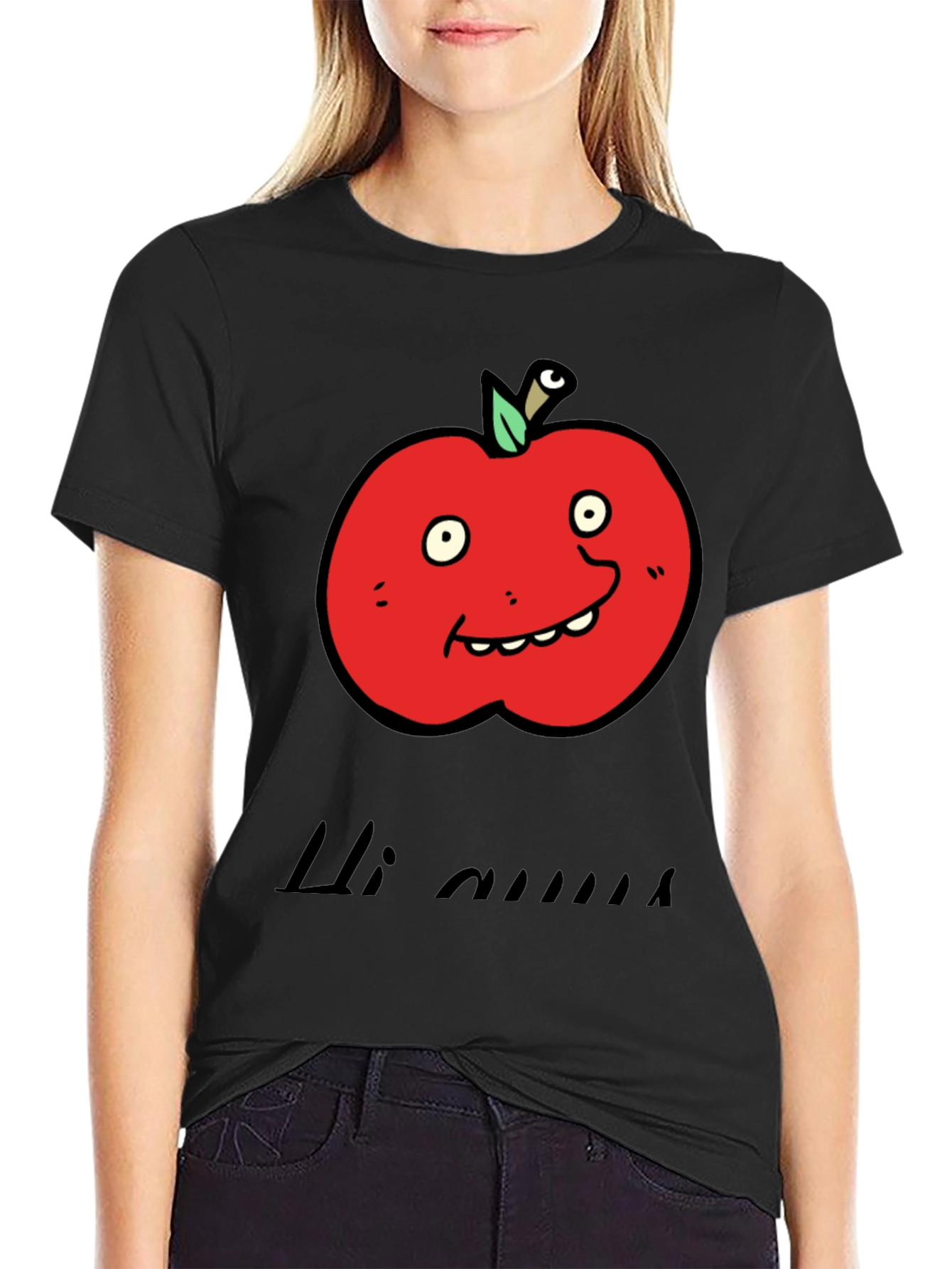 Black Cartoon Apple Graphic Tee - Funny Fruit T-Shirt view 2