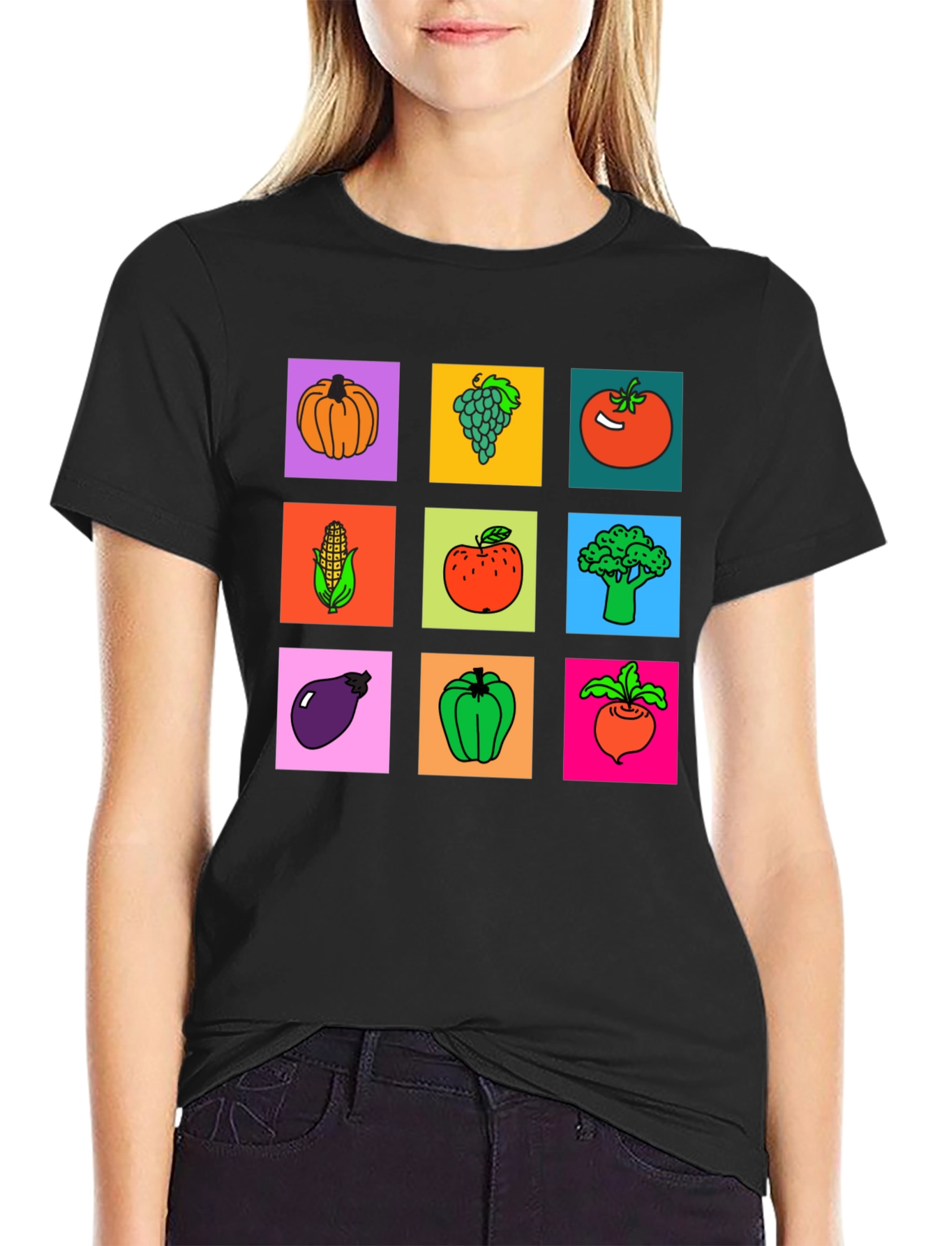Black Vibrant Vegetable & Fruit Graphic Print T-Shirt view 2
