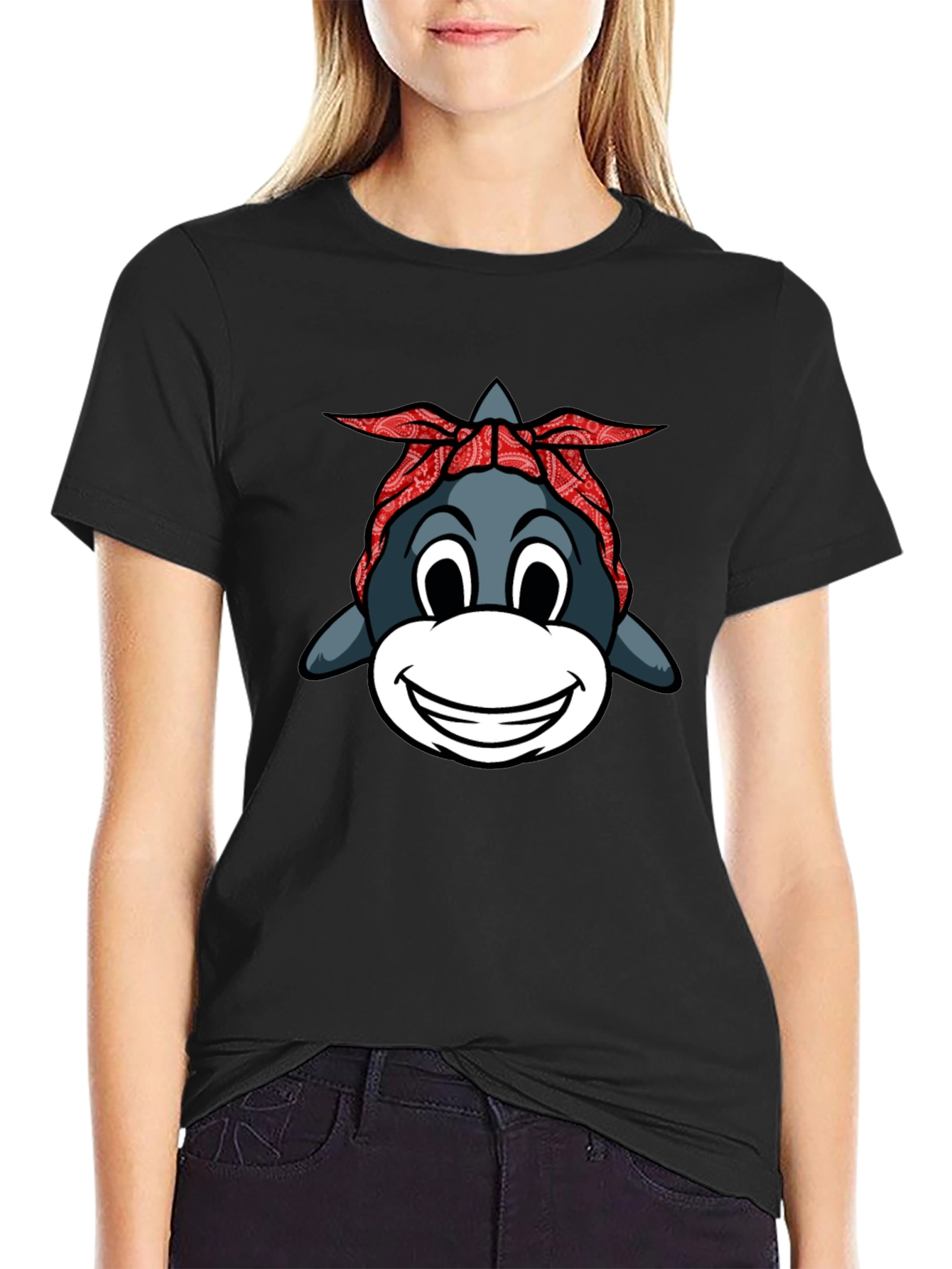 Black Funny Shark with Bandana Graphic T-Shirt view 2