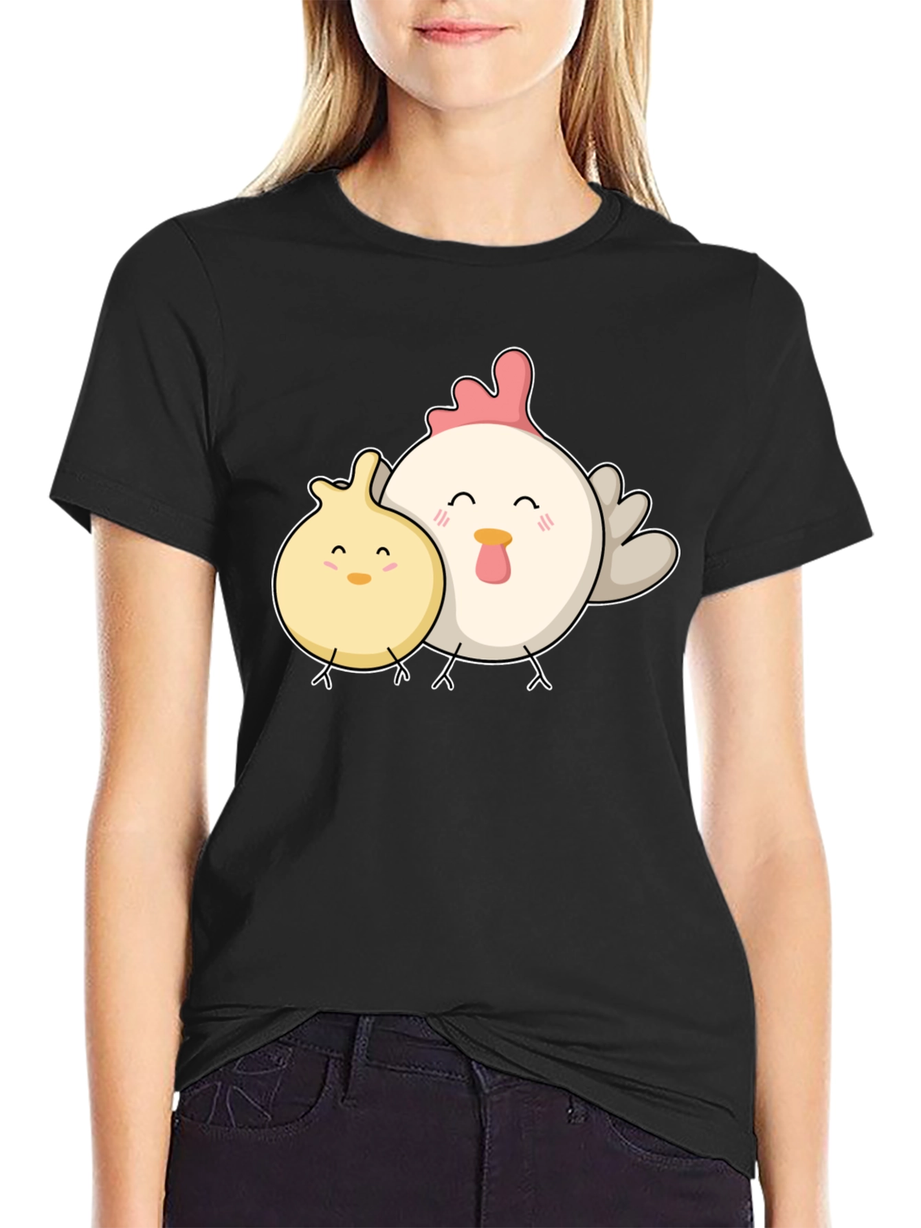 Black Cute Chicken & Chick Black T-Shirt view 2