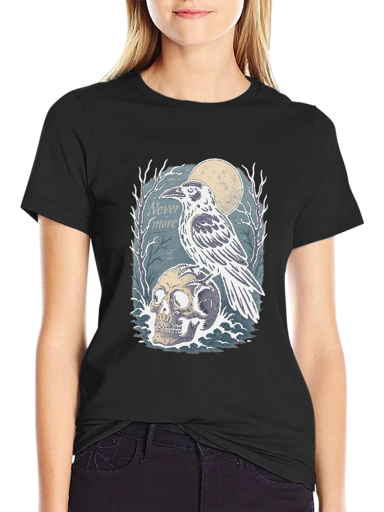 Black Raven Skull Graphic Tee - Nevermore Gothic Shirt view 2