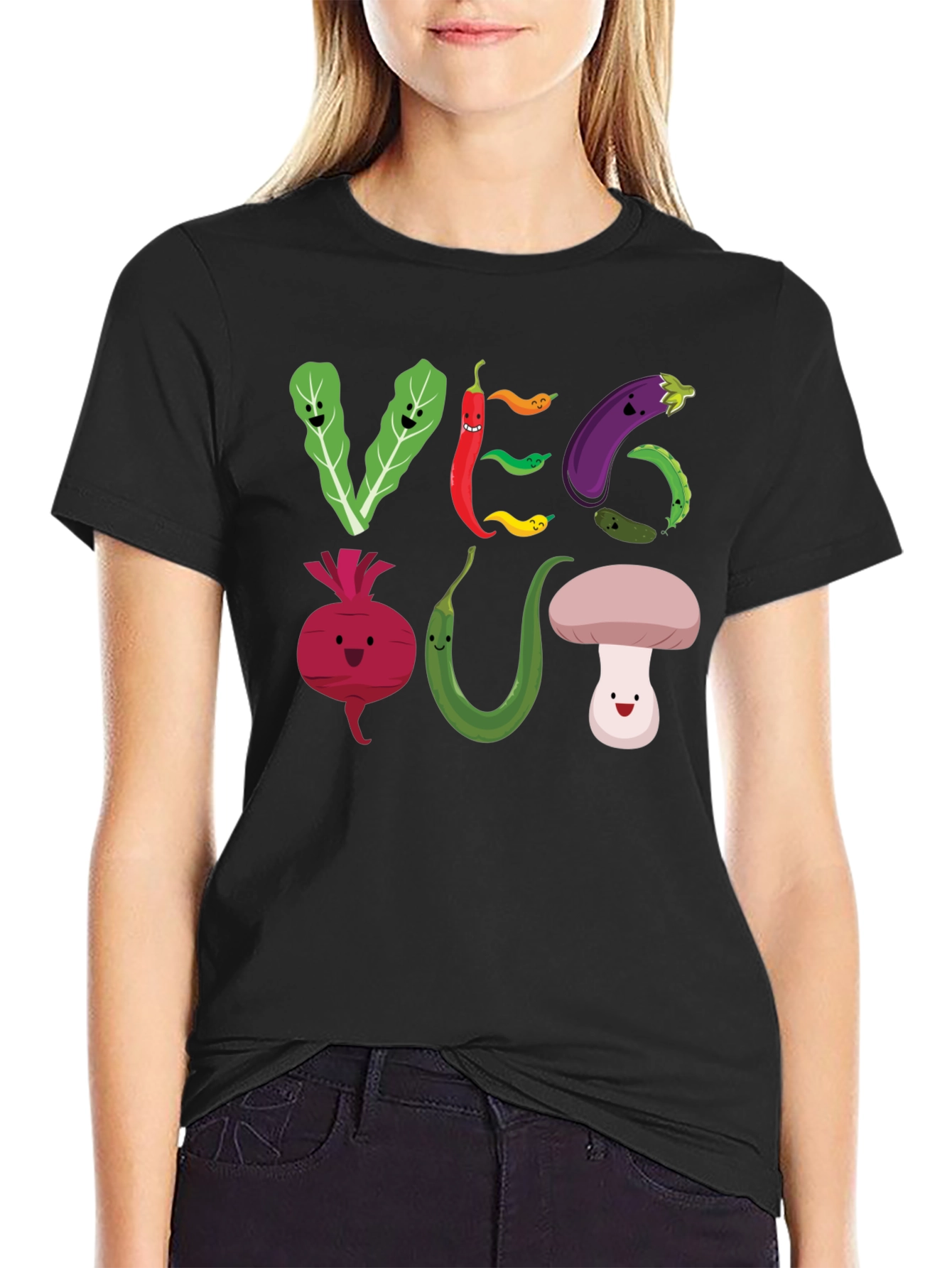 Black Veg Out T-Shirt - Cute Cartoon Vegetables view 2