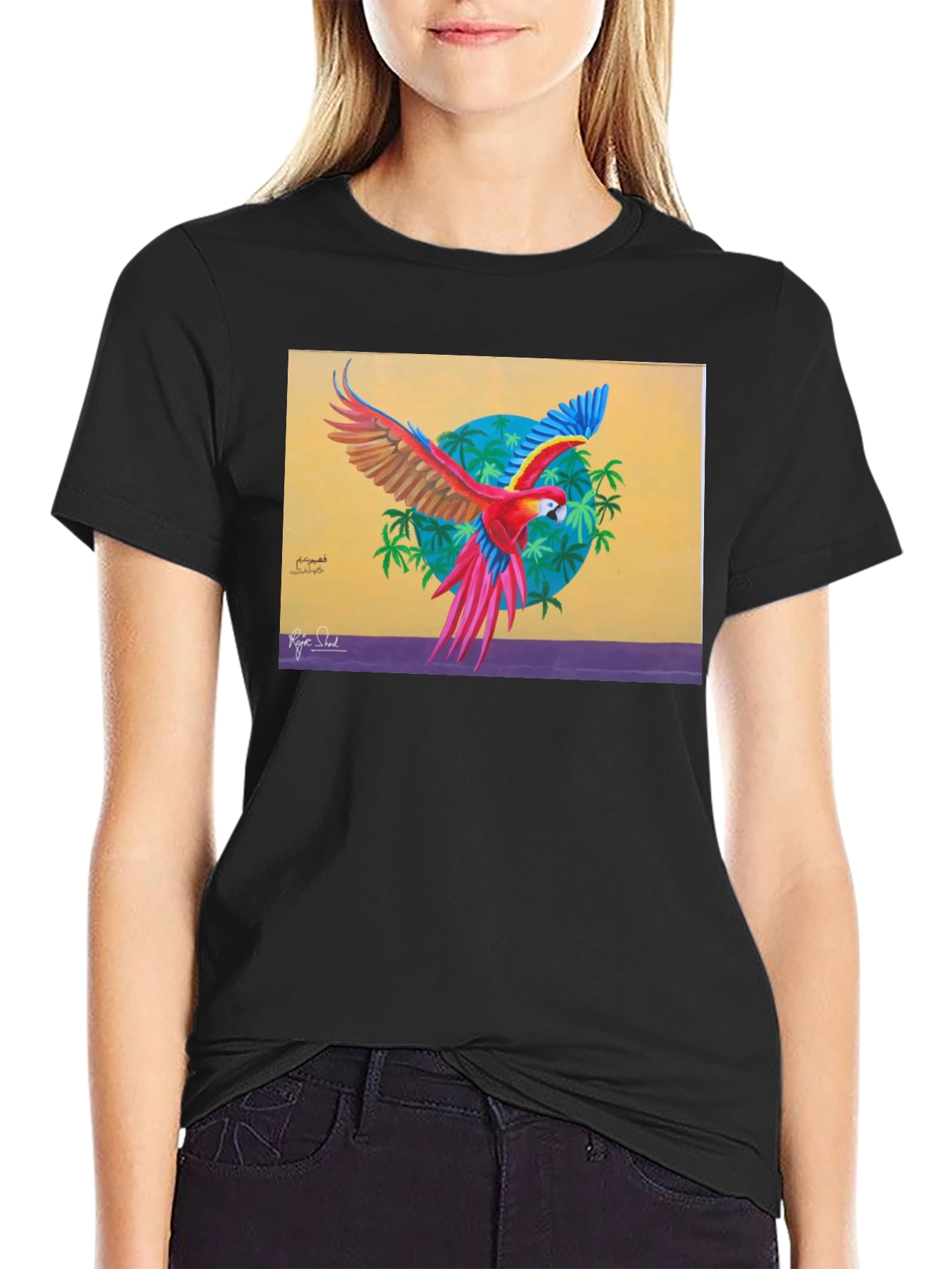 Black Tropical Parrot Graphic Tee - Vivid Art Print view 2