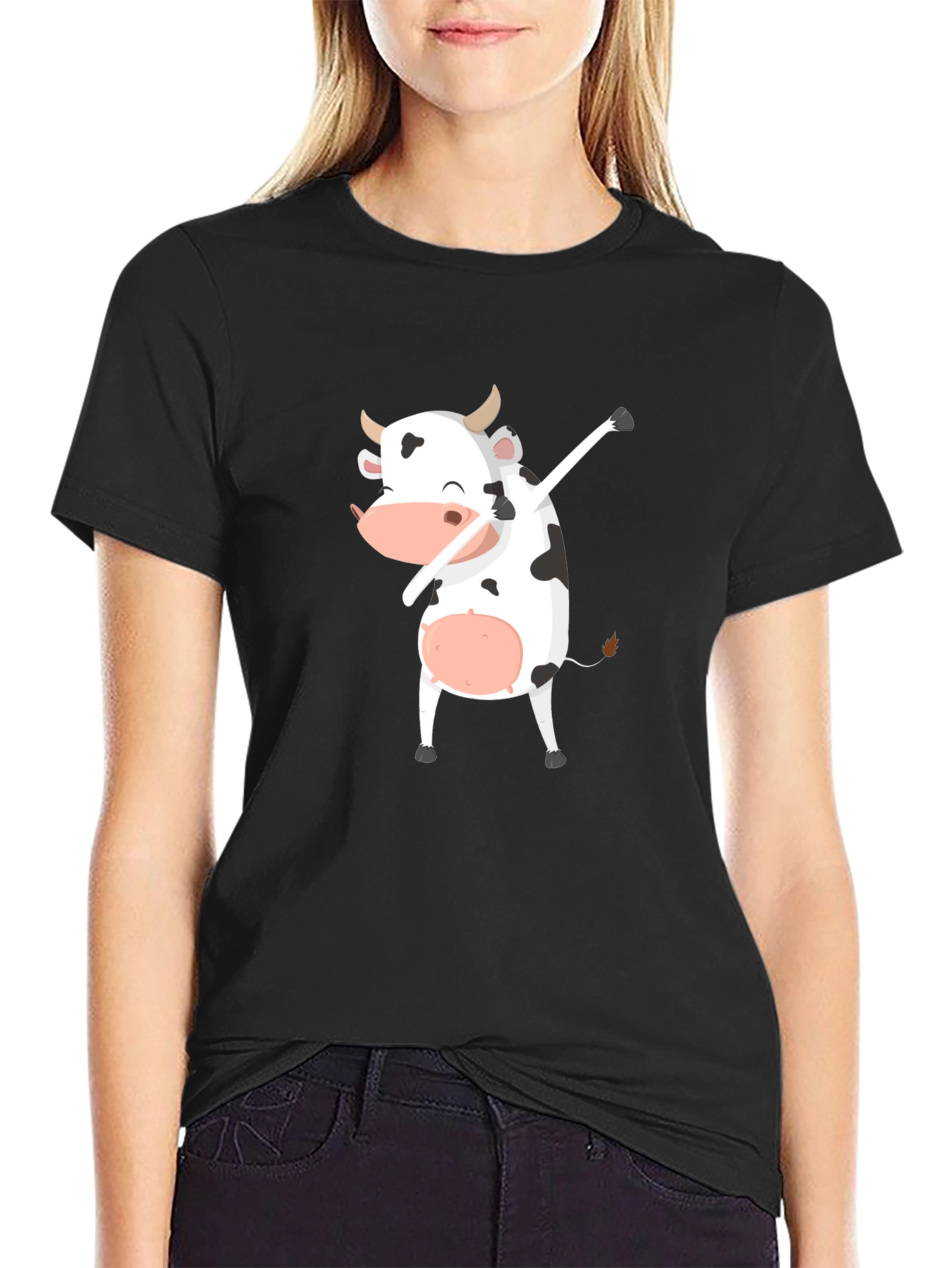 Black Dabbing Cow Graphic Tee - Unisex Black T-Shirt view 2
