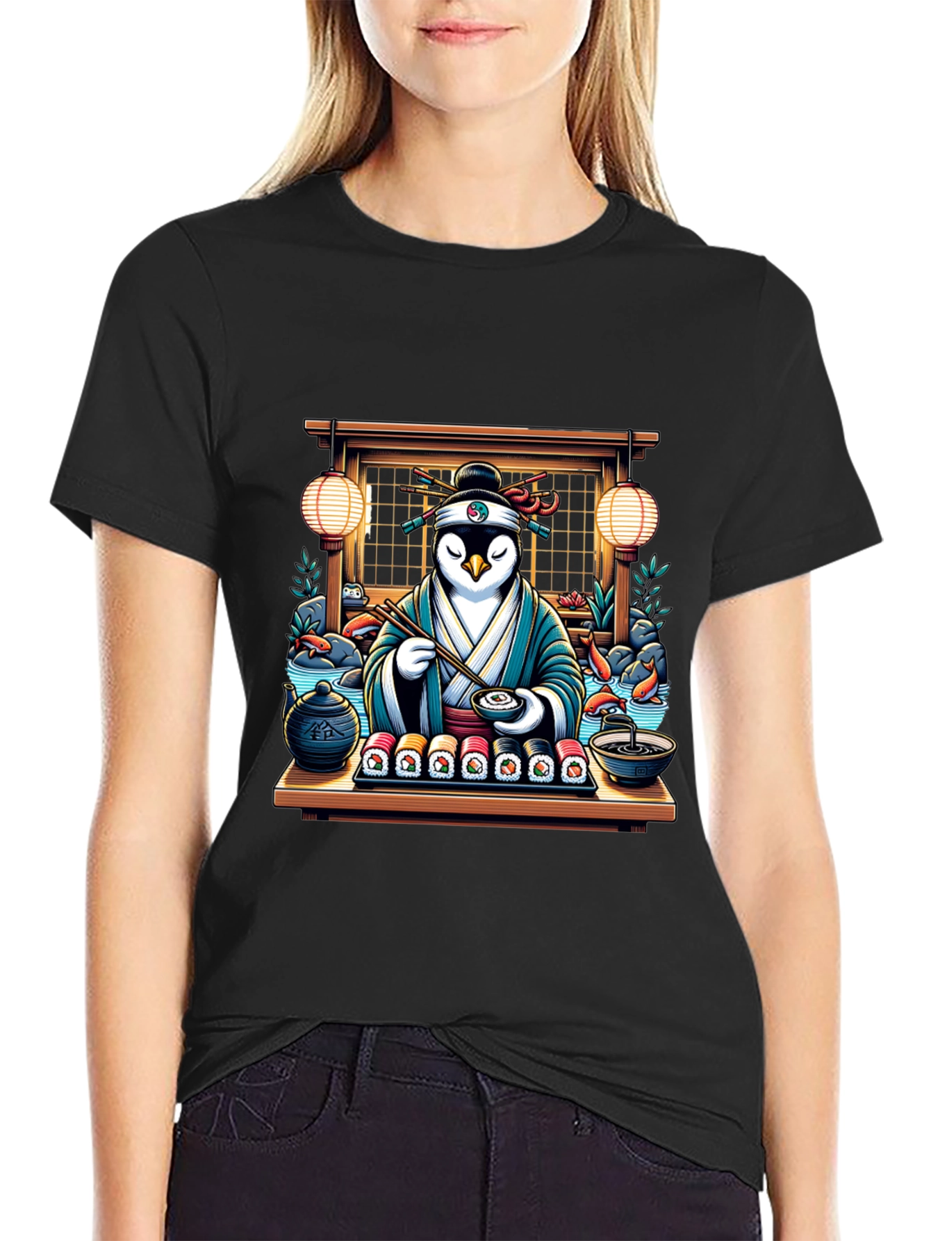 Black Sushi Chef Penguin T-Shirt view 2