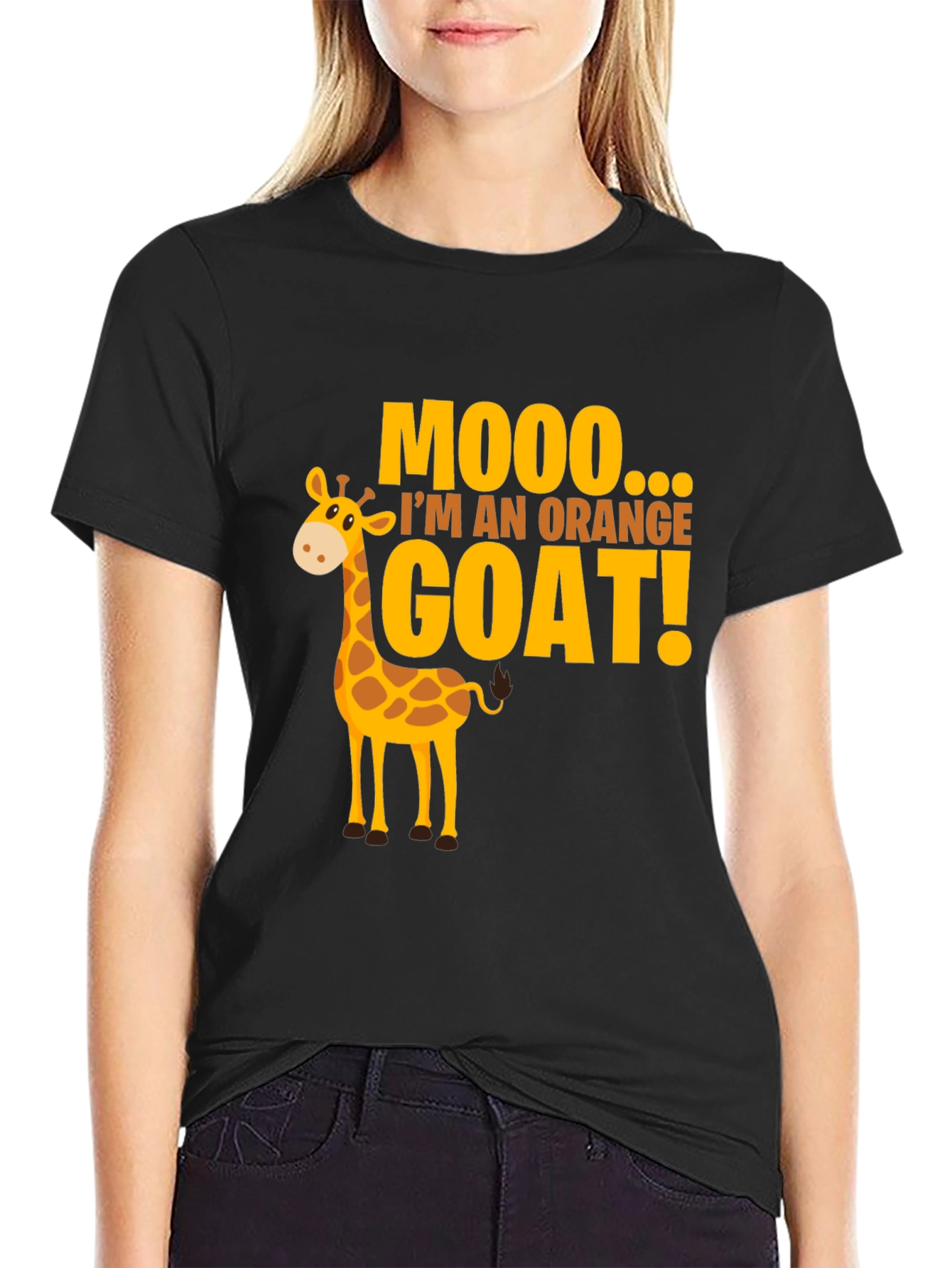 Black Mooo I'm An Orange Goat! Funny Giraffe T-Shirt view 2