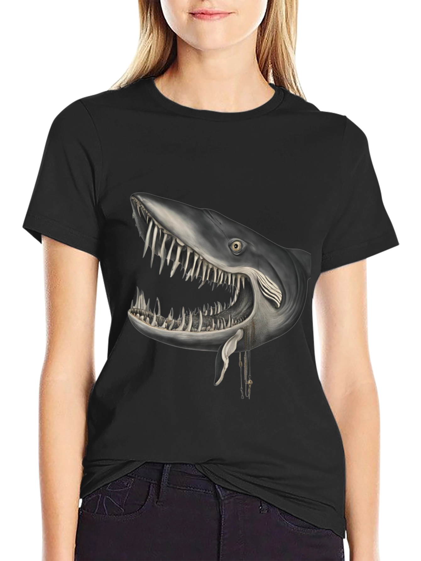 Black Shark Head Graphic Print Crew Neck T-Shirt view 2
