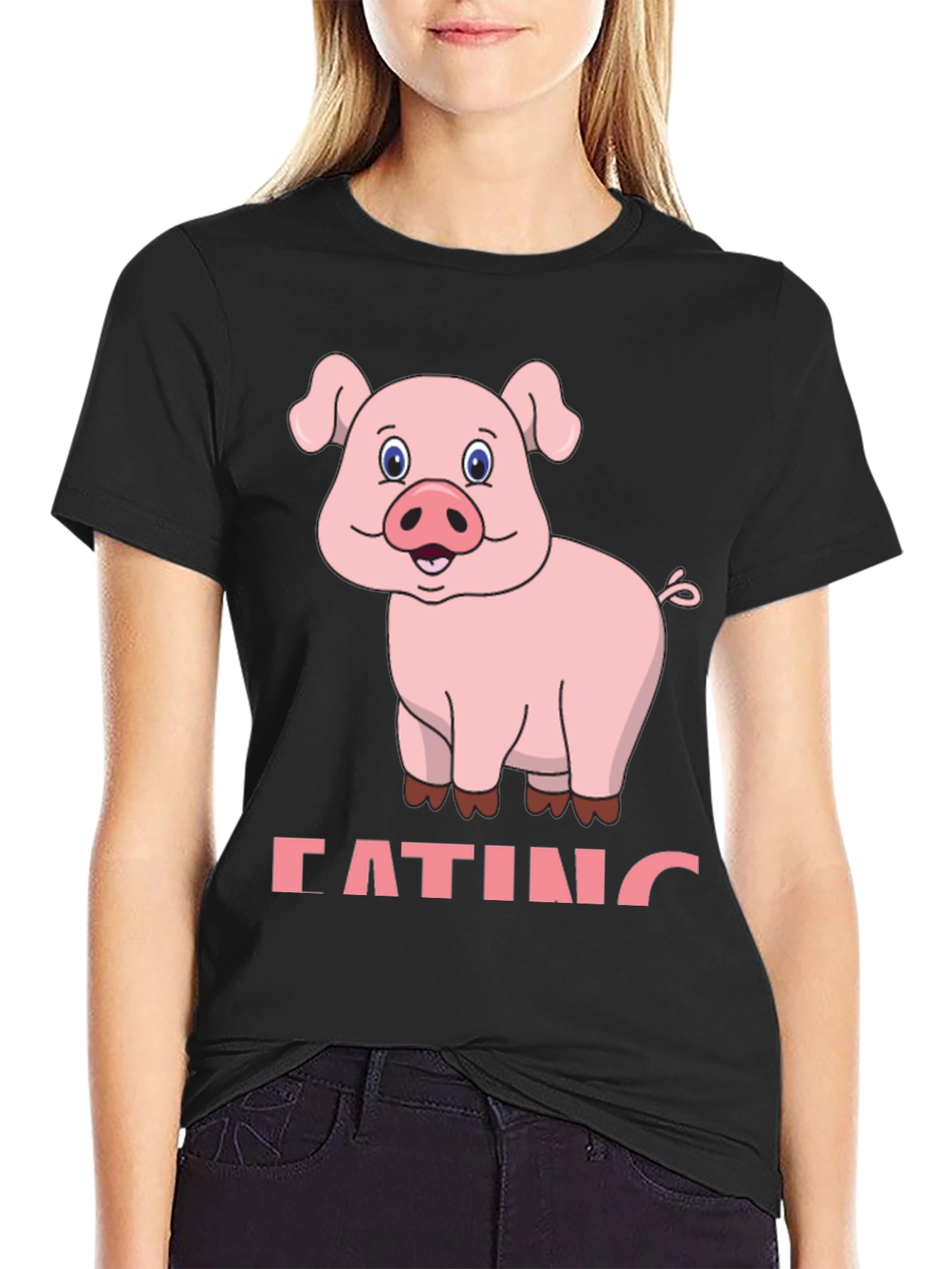 Black Funny Pig Eating Cartoon Graphic T-Shirt view 2