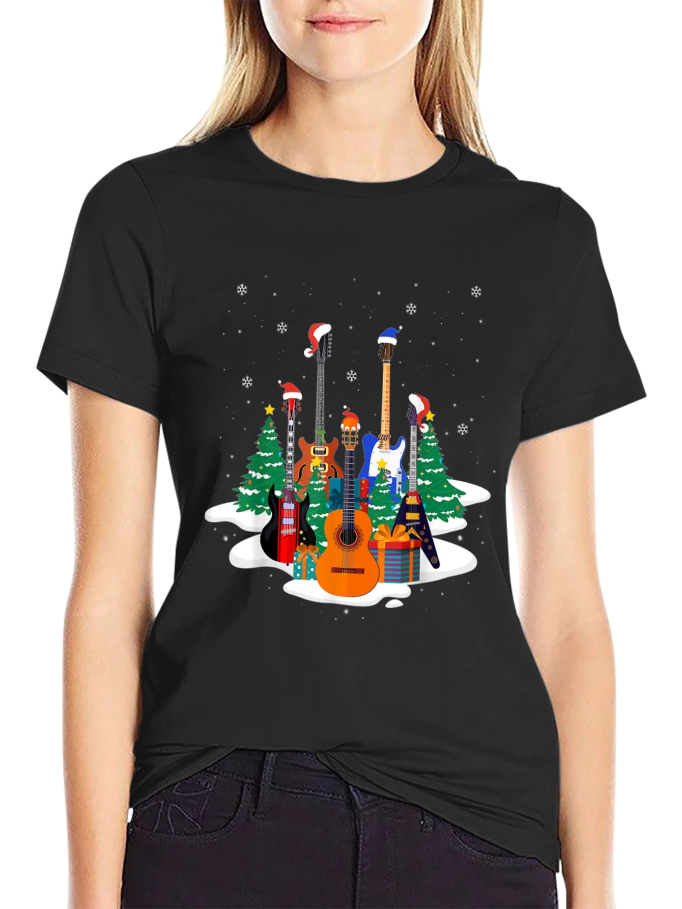 Black Festive Guitar Christmas T-Shirt view 2