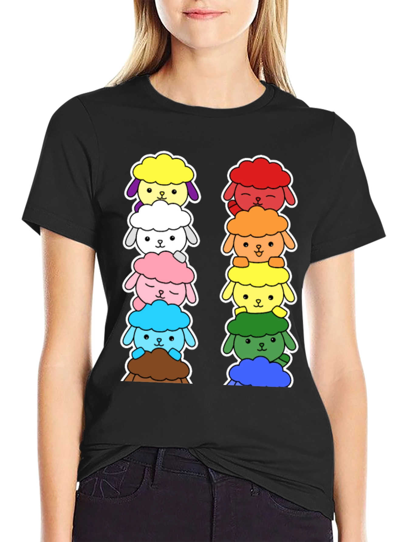 Black Rainbow Sheep Stack T-Shirt - Cute & Unique! view 2