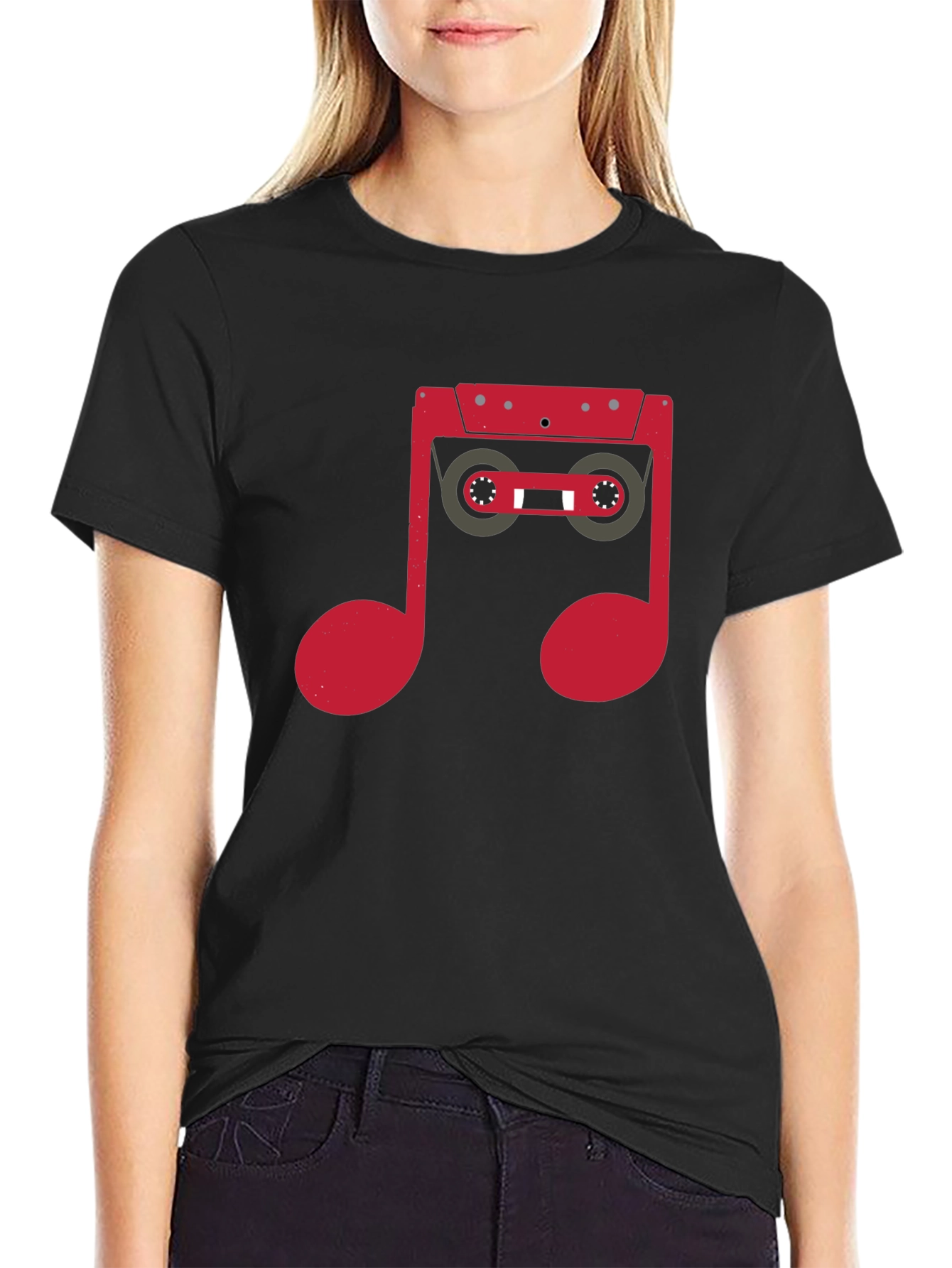 Black Retro Music Note Cassette Graphic T-Shirt view 2