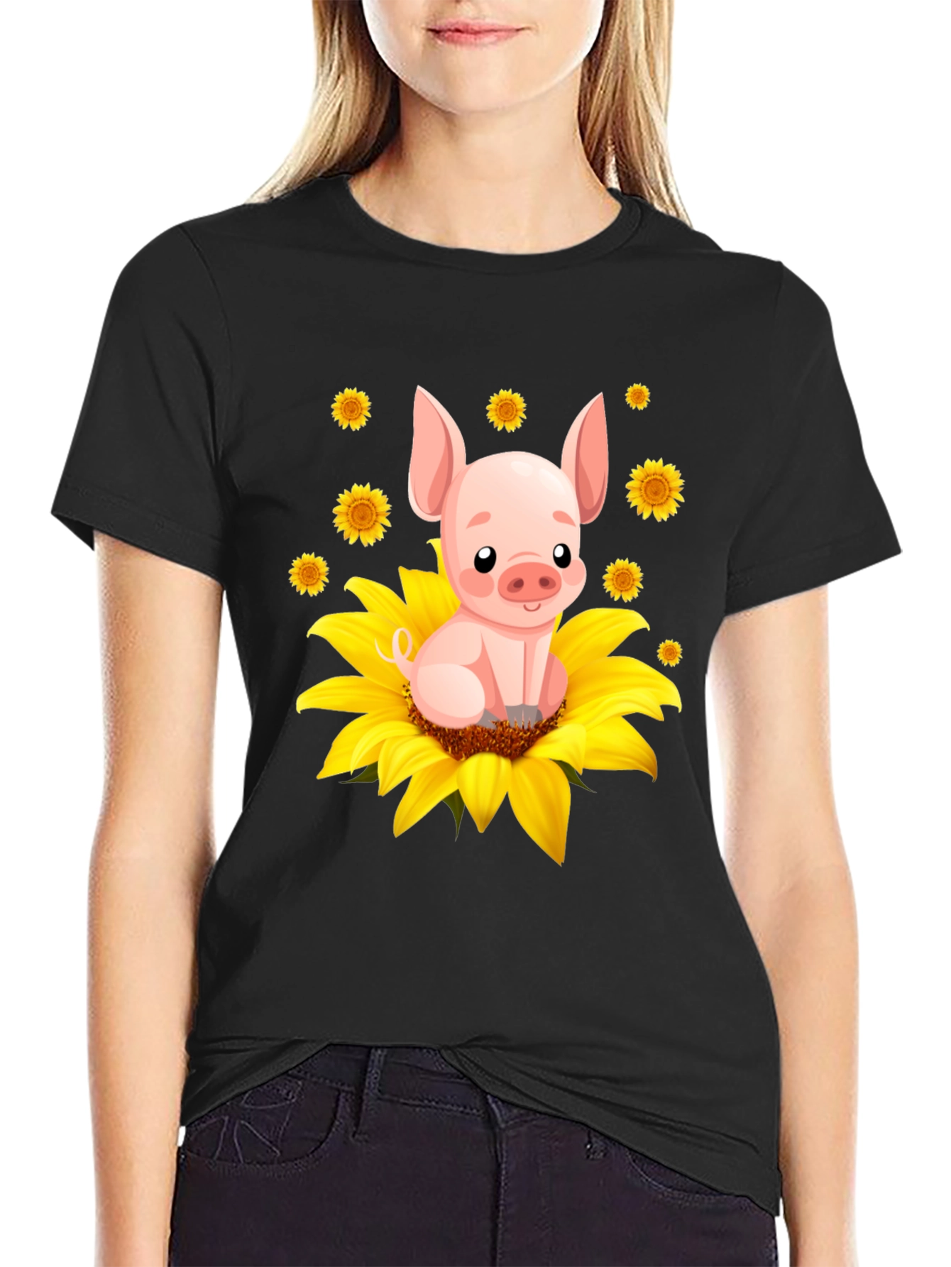 Black Pig Sunflower Graphic Tee - Cute Animal Lover Shirt view 2