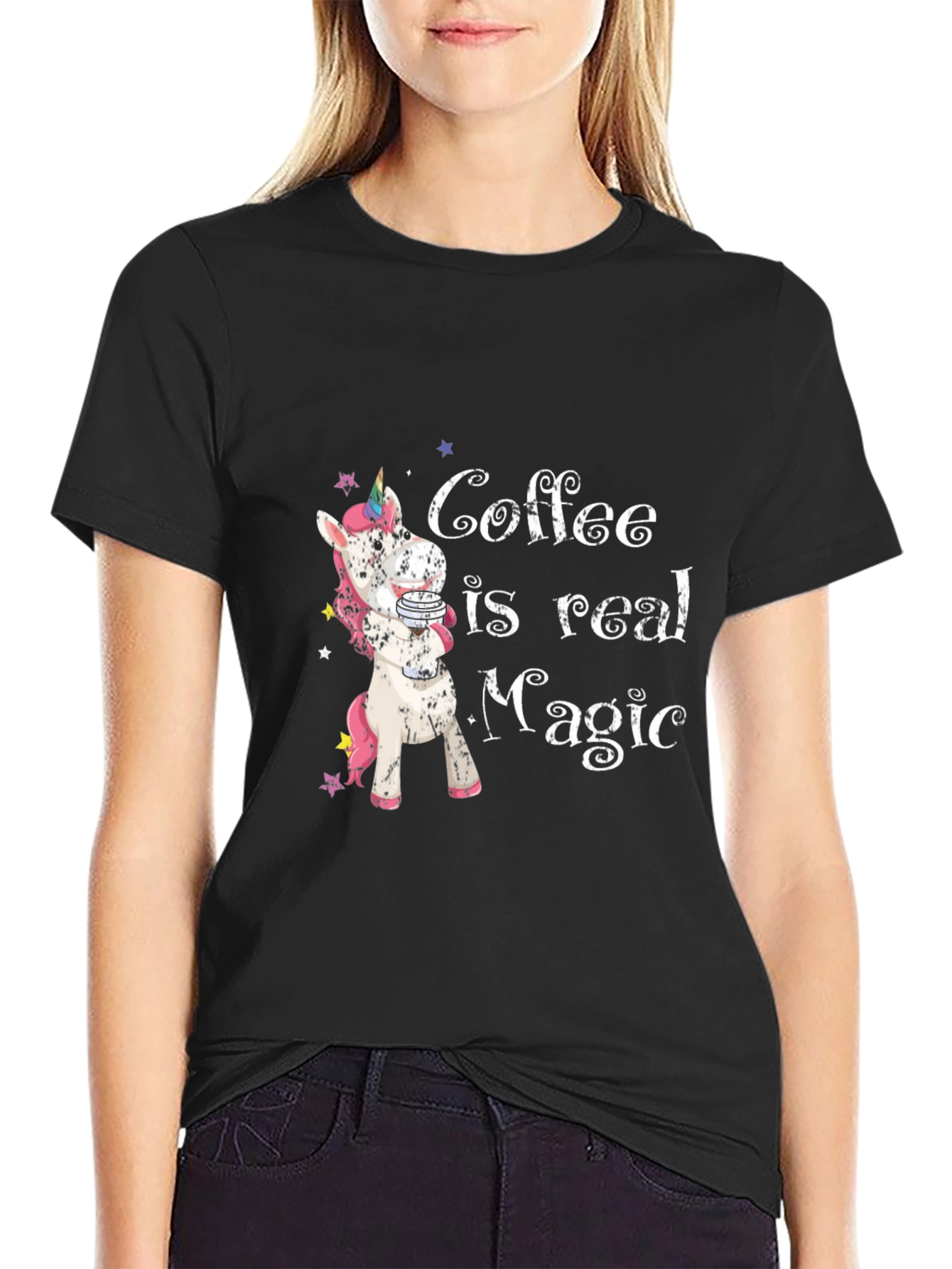Black Coffee is Real Magic T-Shirt - Unicorn Design view 2