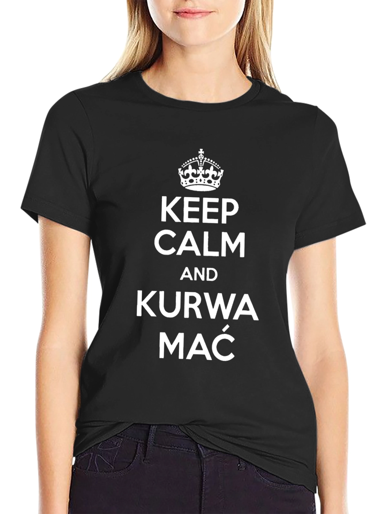 Black Keep Calm Kurwa Mać Polish Curse T-Shirt view 2