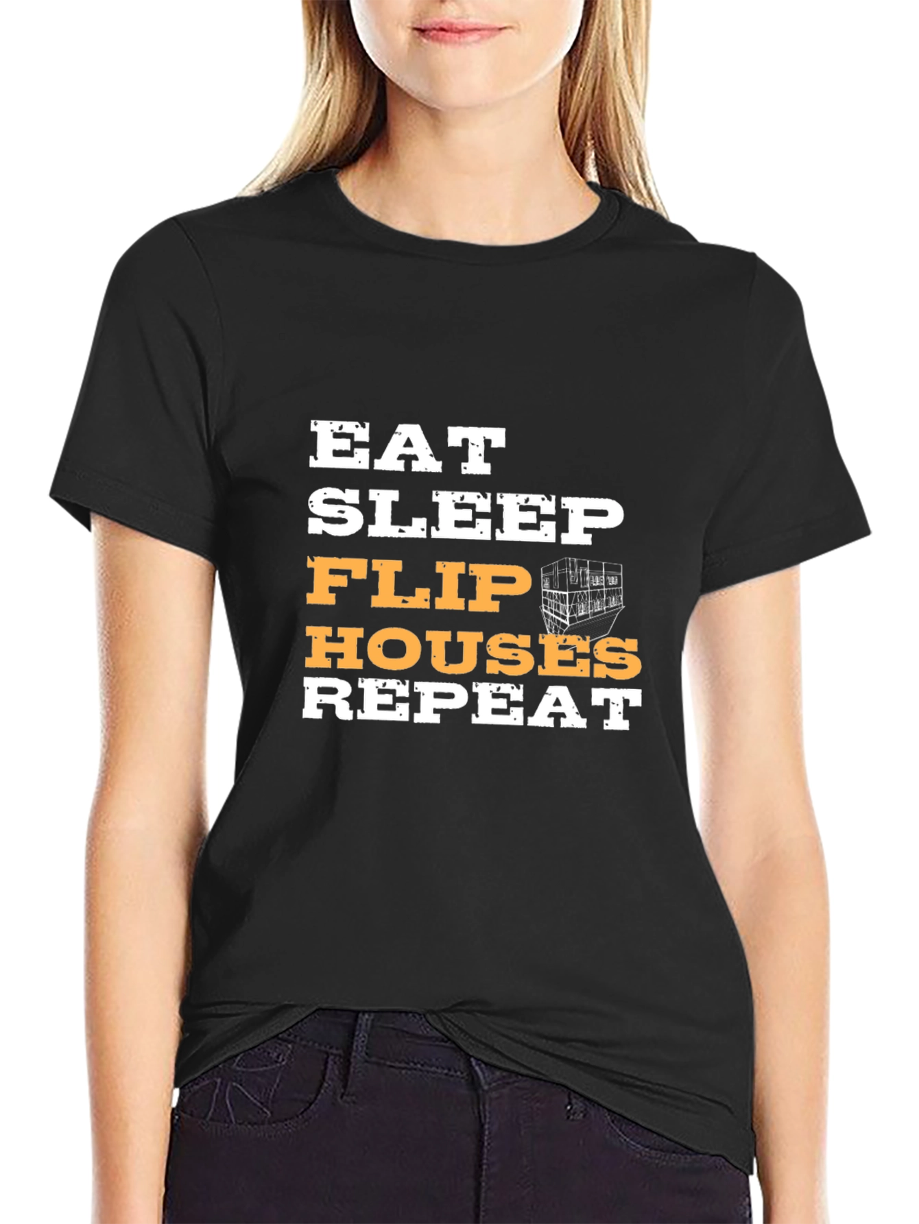 Black Eat Sleep Flip Houses Repeat Graphic Tee view 2