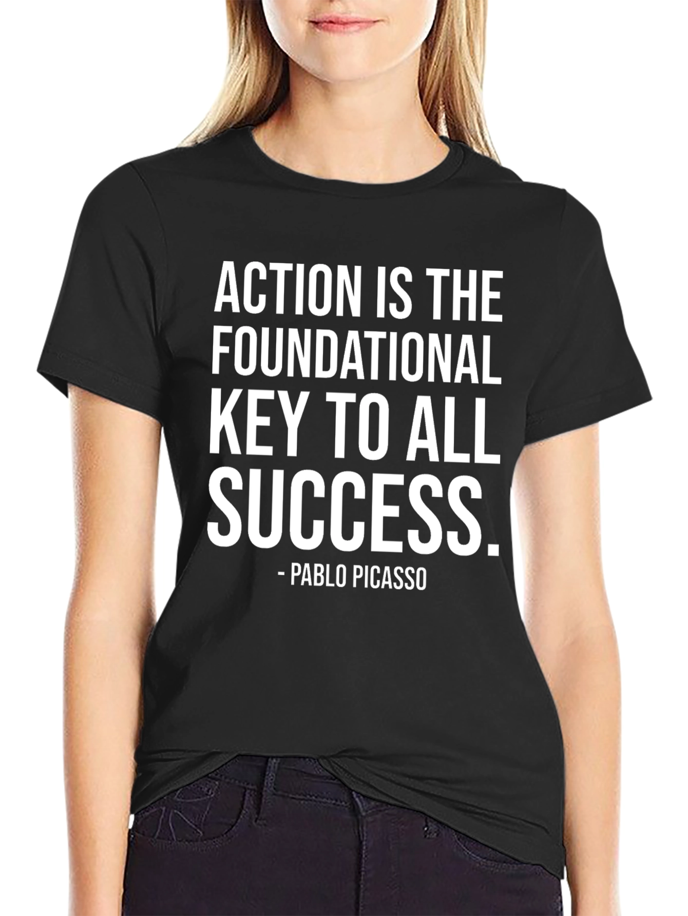 Black Action Is Key T-Shirt - Motivational Quote by Picasso view 2