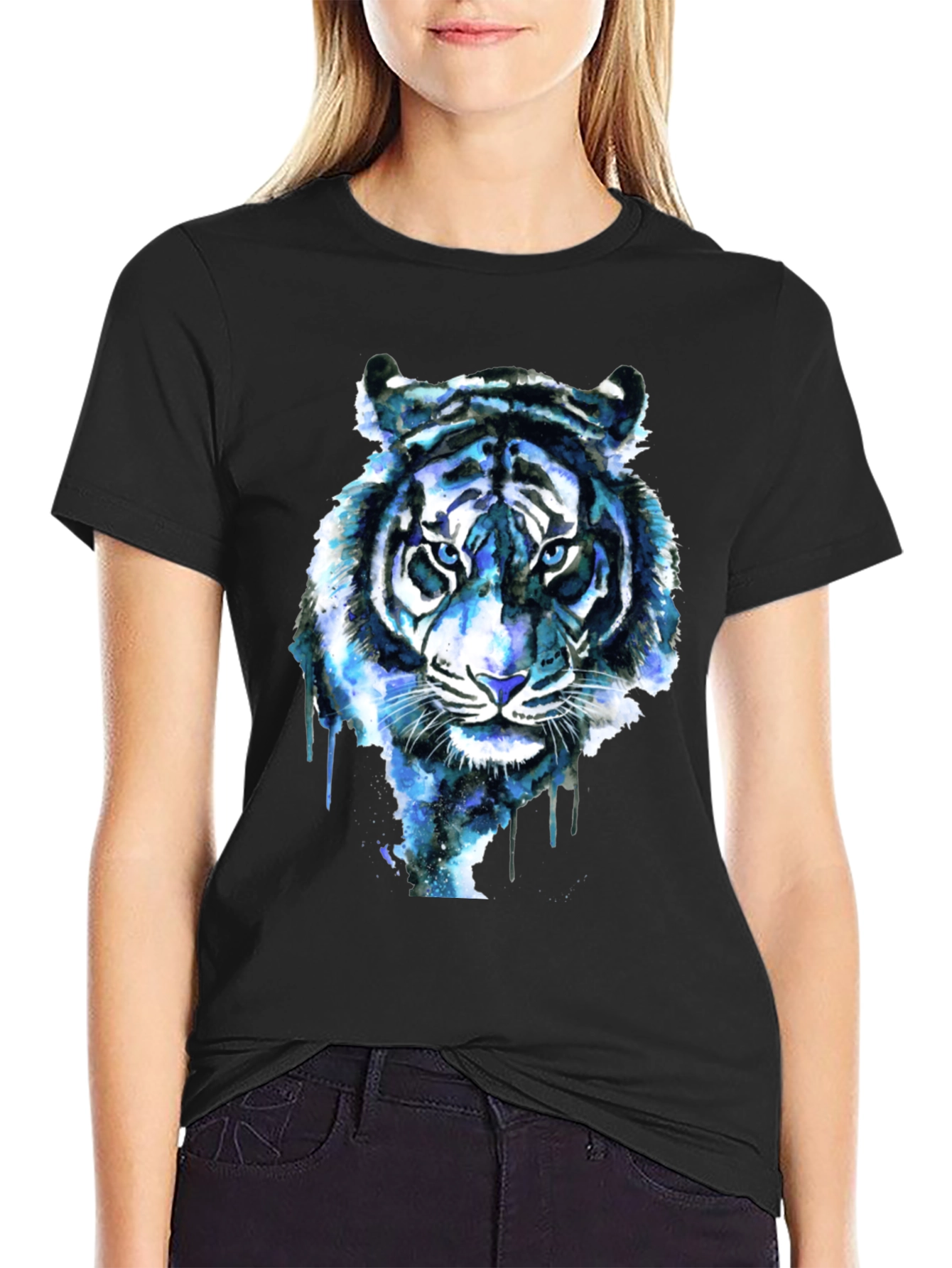 Black Blue Tiger Graphic Tee - Cool Watercolor Design view 2