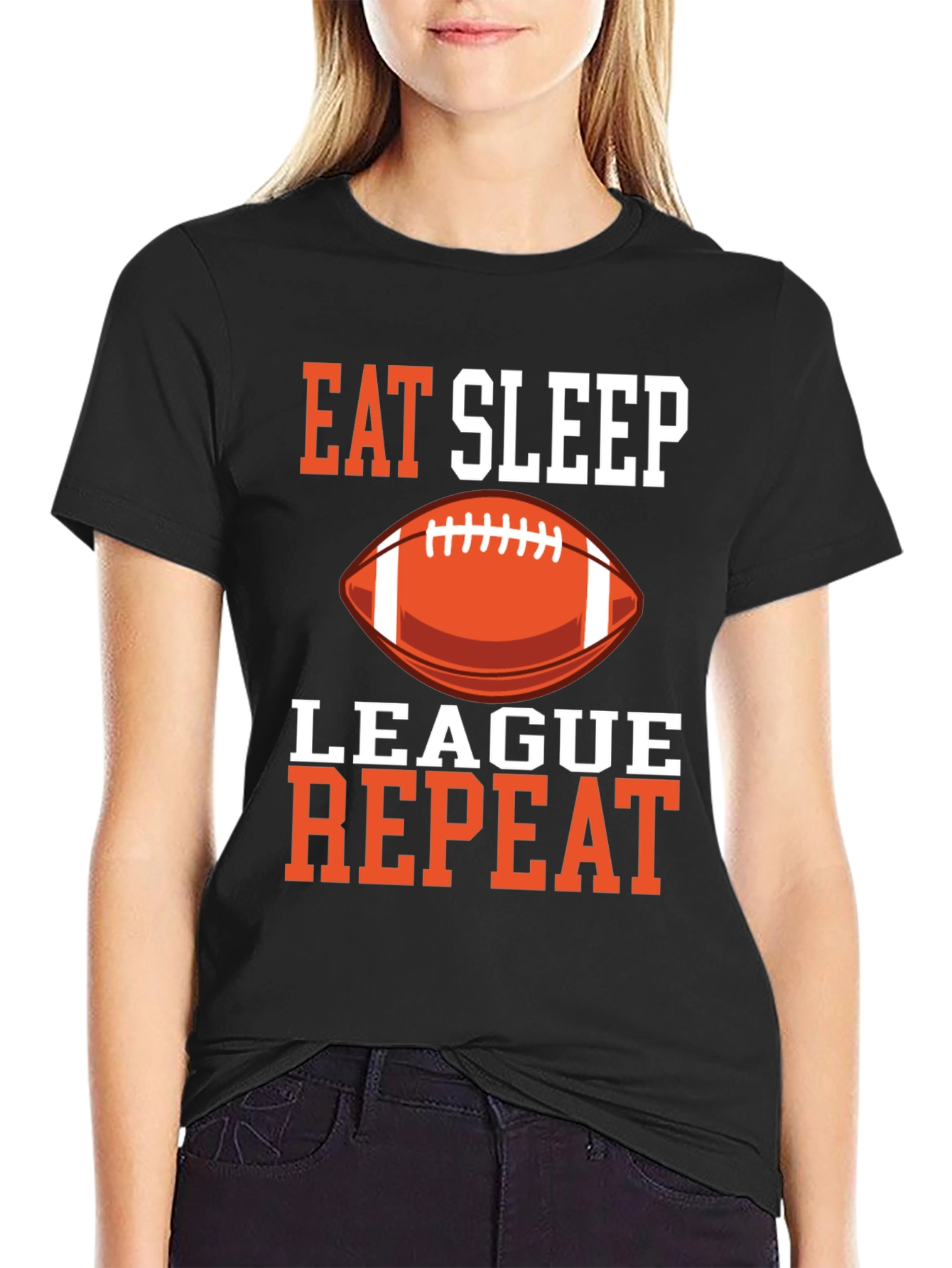 Black Eat Sleep League Repeat T-Shirt Football Black Graphic Tee view 2
