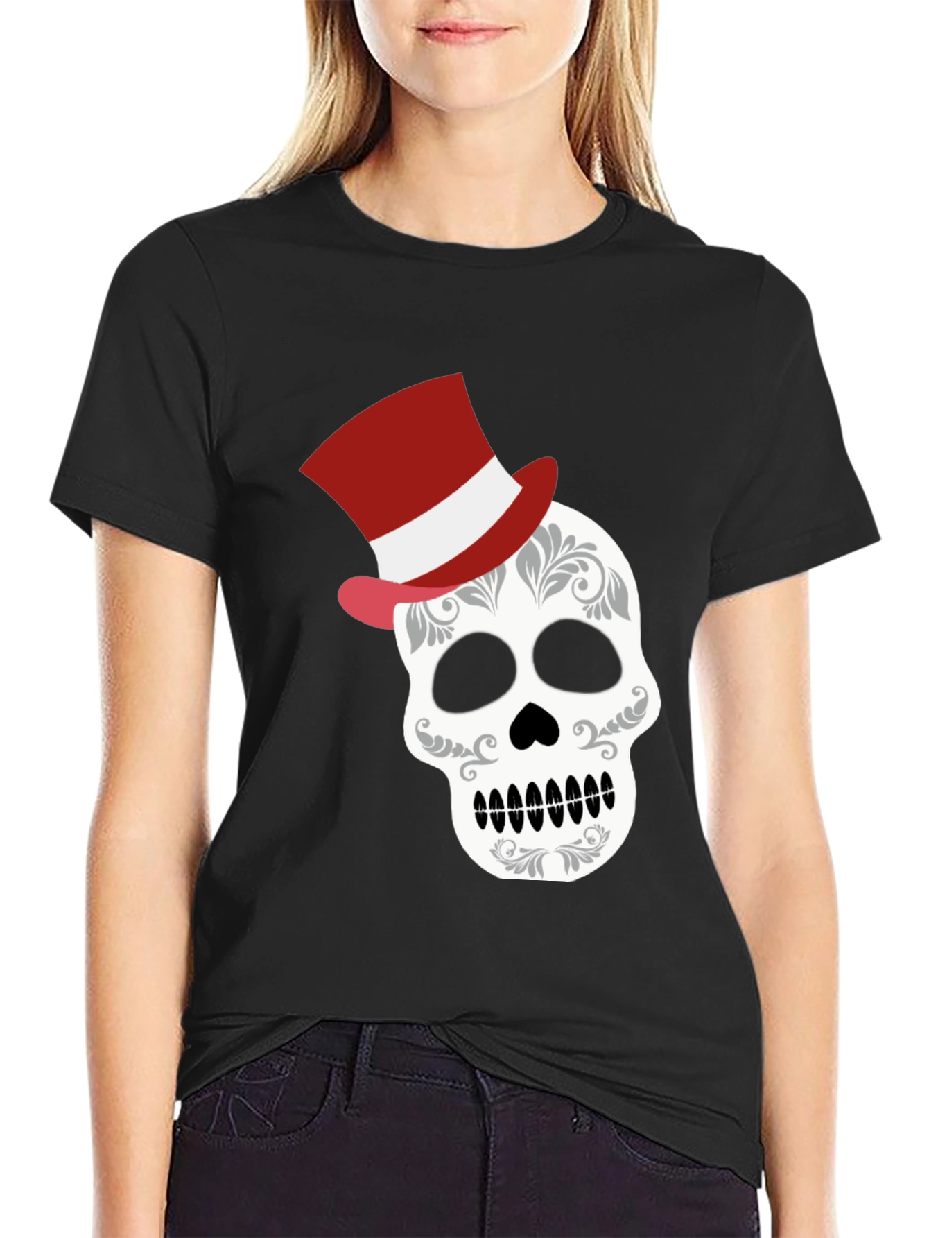 Black Skull Top Hat Graphic Tee - Unique Fashion view 2