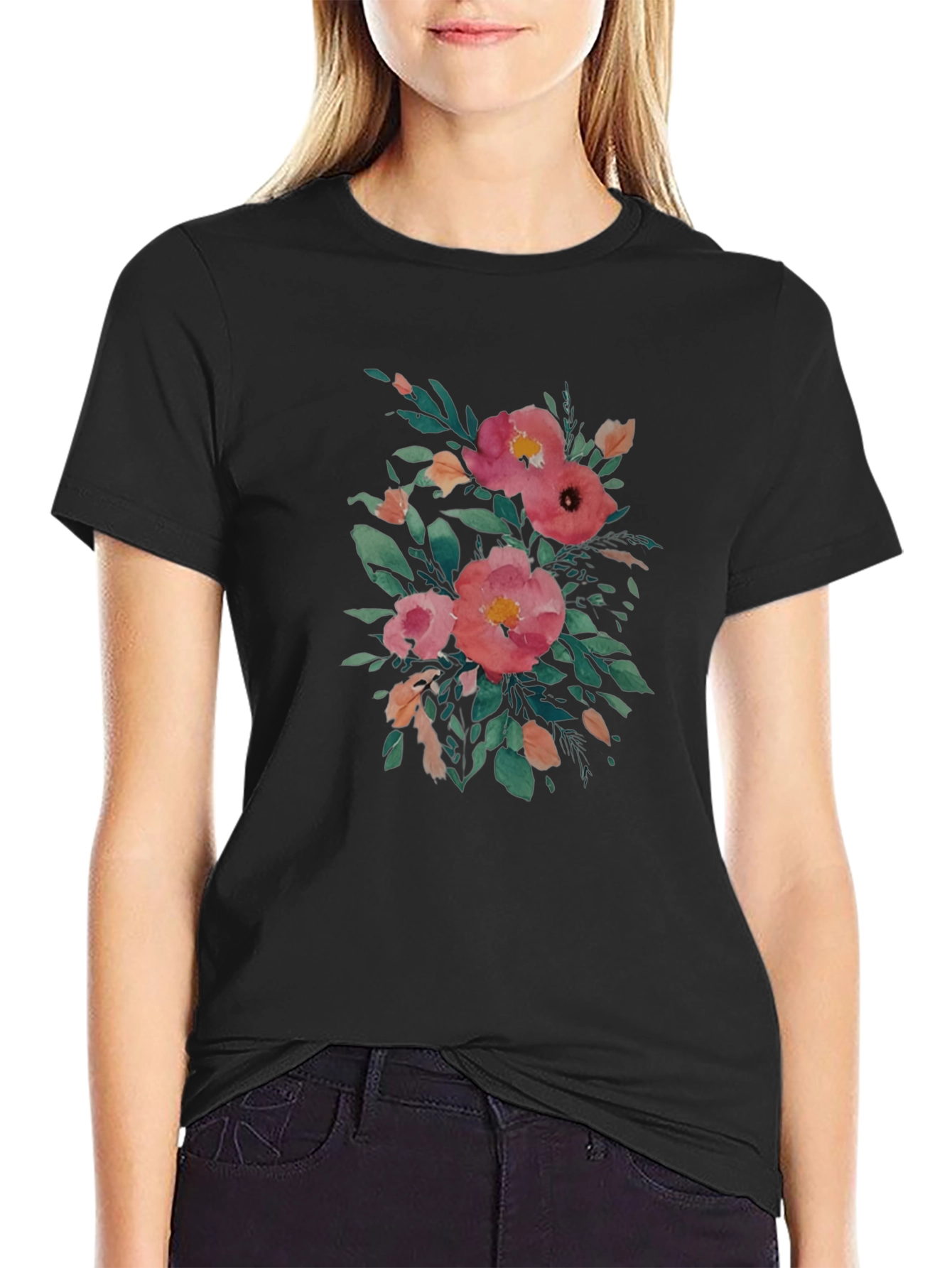 Black Floral Watercolor Print Black T-Shirt view 2