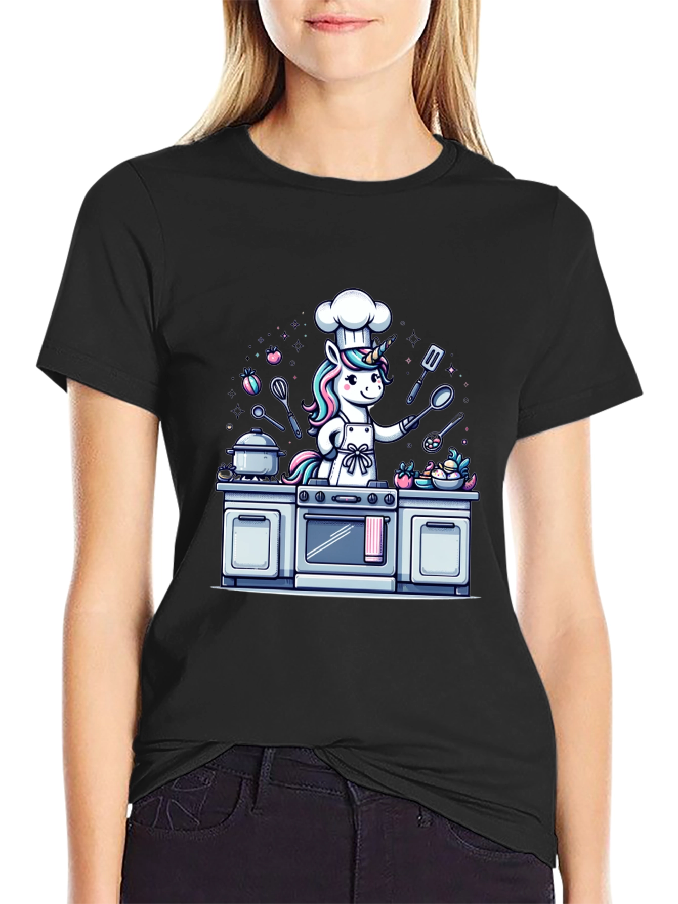 Black Unicorn Chef T-Shirt - Cartoon Graphic Tee view 2