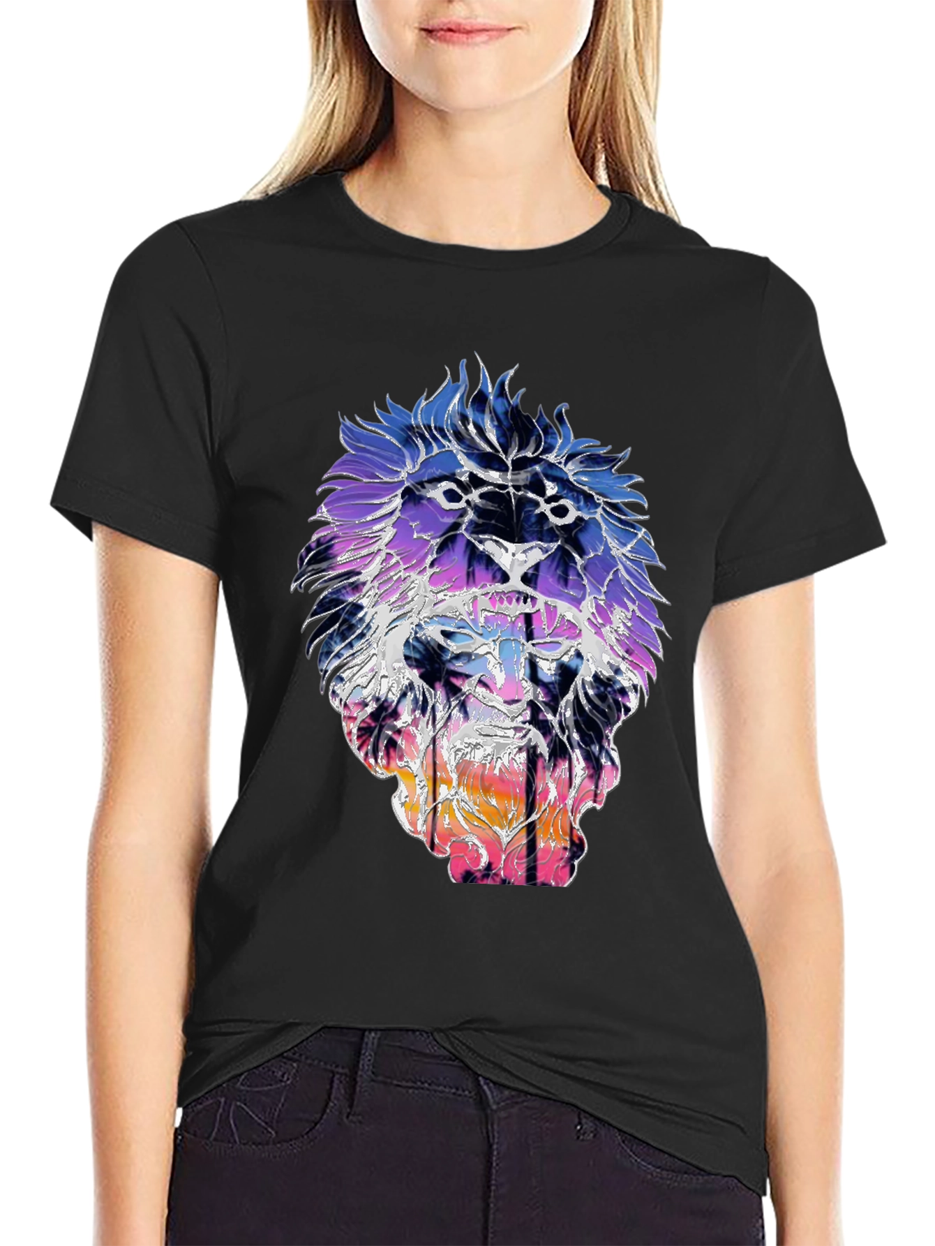 Black Lion Sunset Graphic Tee - Trendy Men's Black T-Shirt view 2