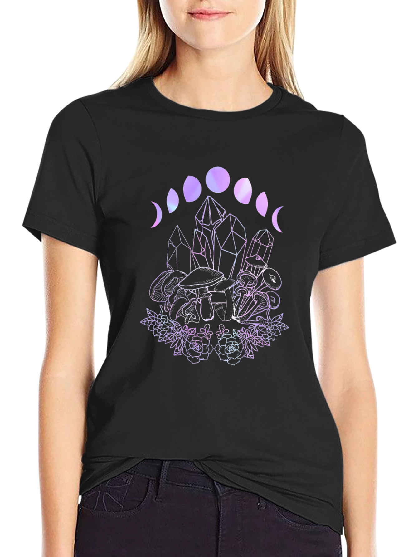 Black Mystic Moon Phase Mushroom Graphic T-Shirt view 2