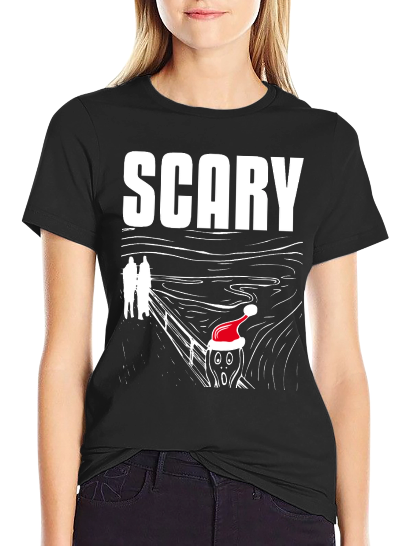 Black Scary Scream Santa T-Shirt - Holiday Horror Tee view 2