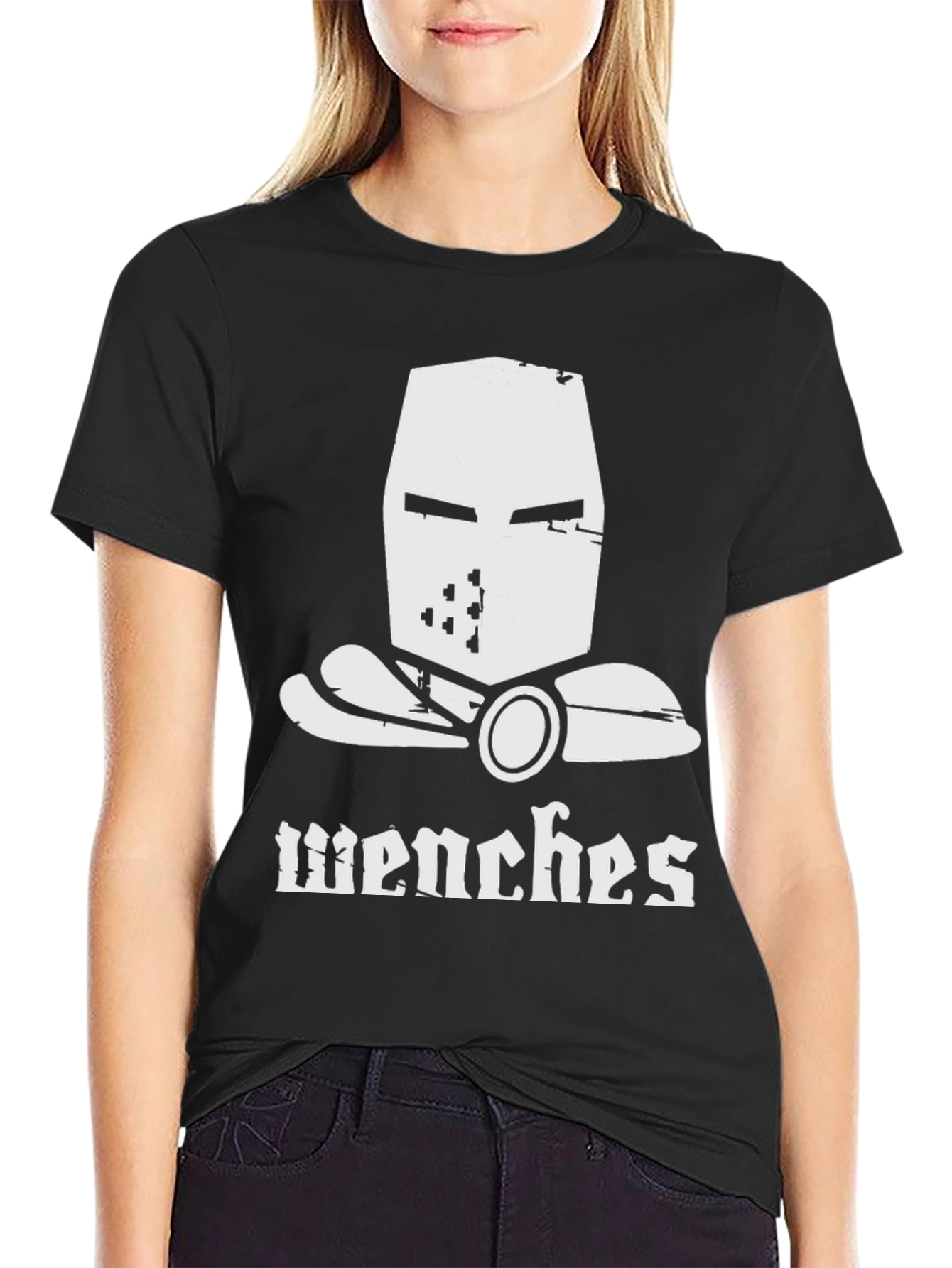 Black Wenches T-Shirt Crusader Helmet Medieval Humor view 2