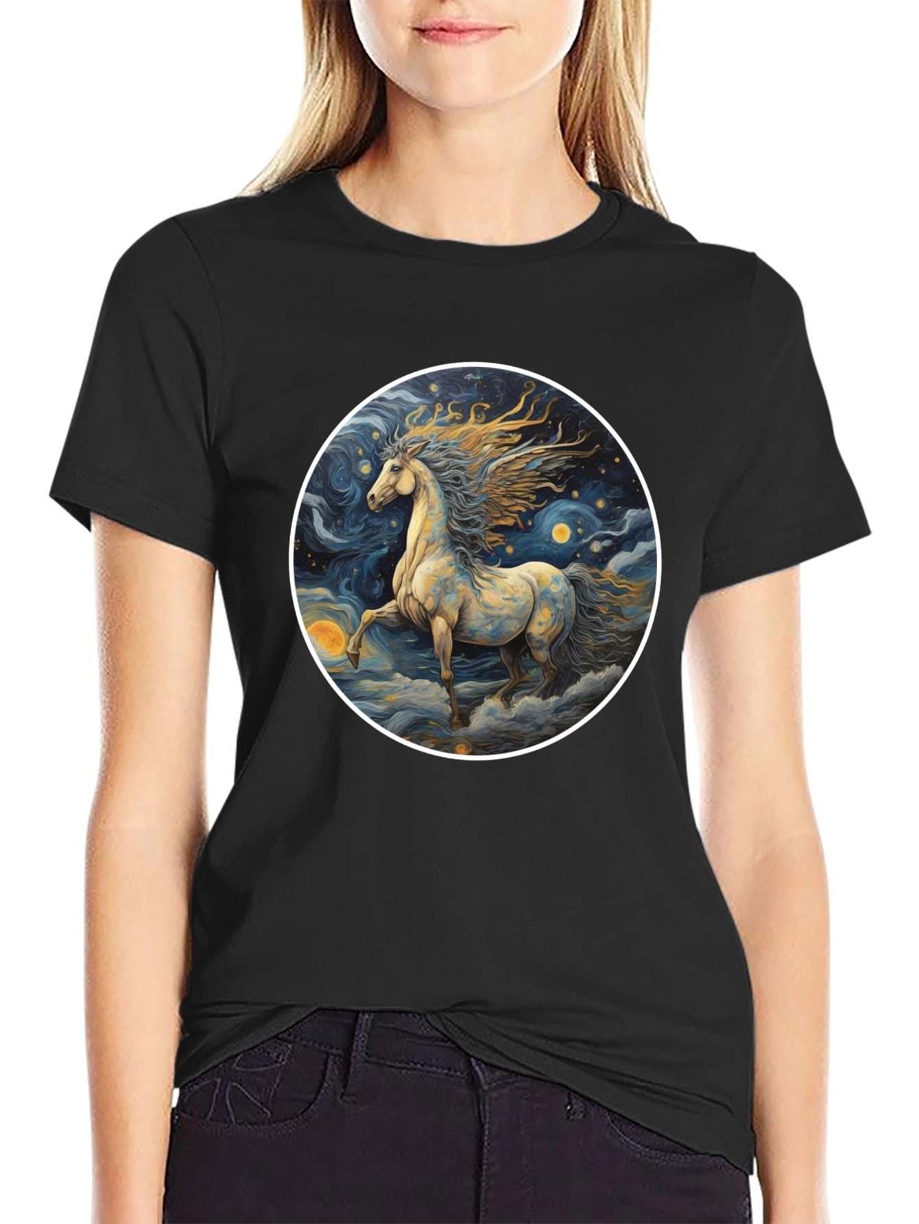 Black Celestial Horse Graphic Tee - Starry Night Design view 2